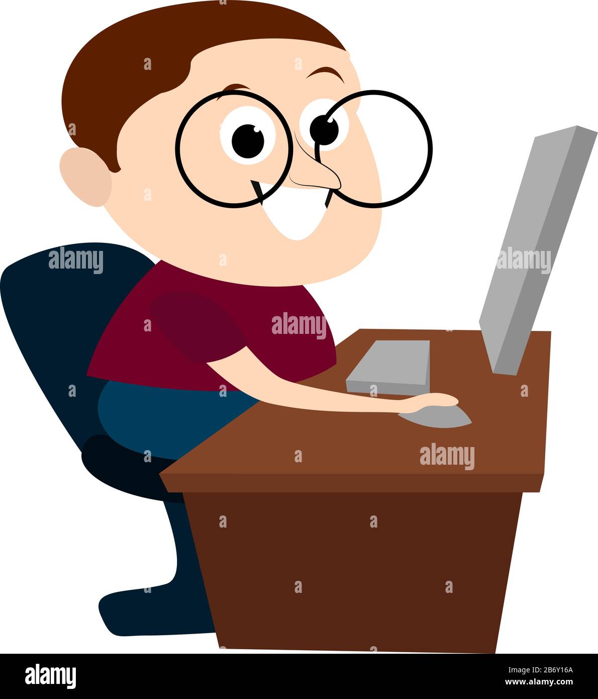 Uomo al lavoro su computer, illustrazione, vettore su sfondo bianco. Illustrazione Vettoriale