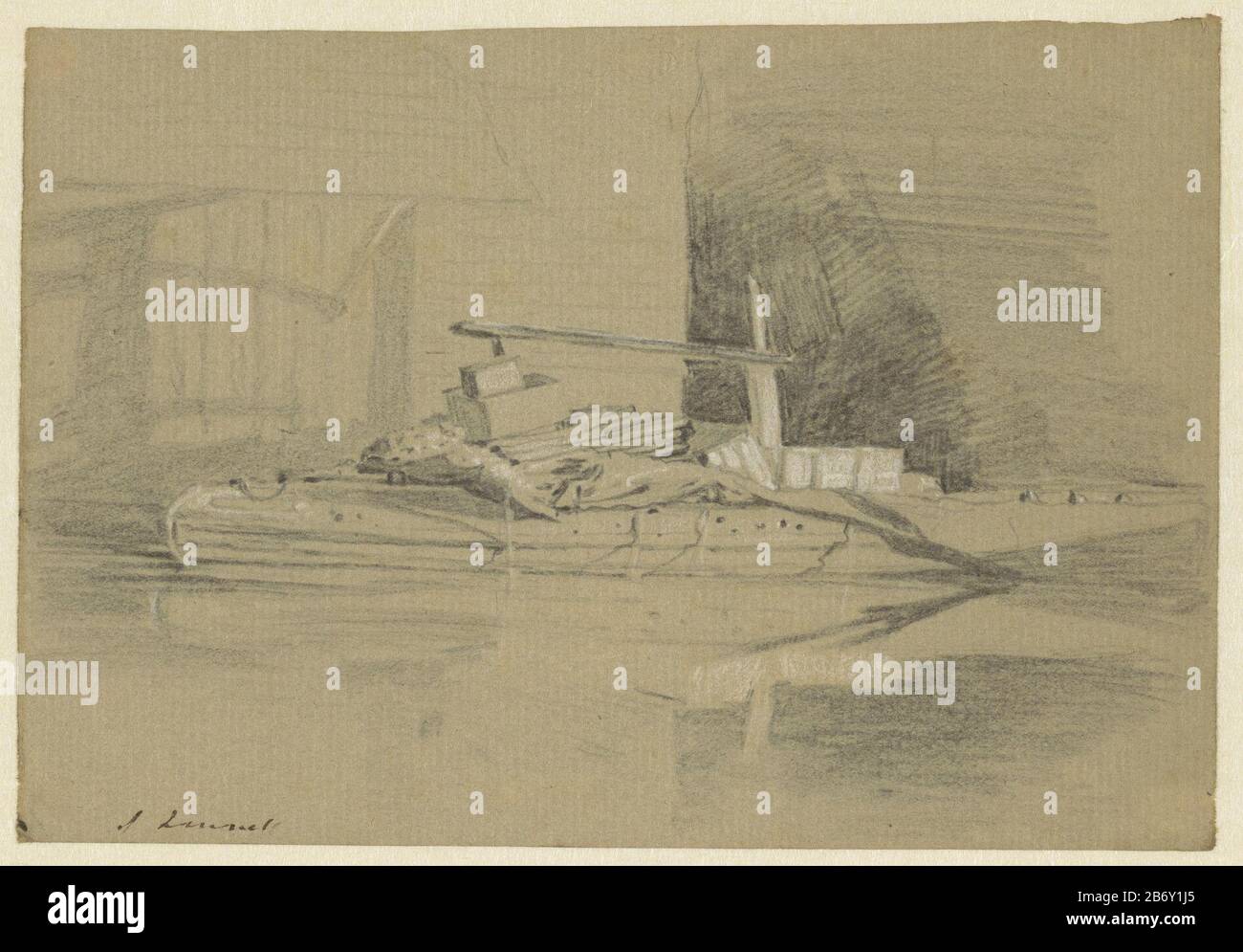 Kademuur bij een loods Quay wall in a warehouse tipo di oggetto: Disegno numero Oggetto: RP-T 1985-34 Produttore : artista John Linnell (II) (edificio elencato) Datato: 1806 caratteristiche Fisiche: Gesso bianco e nero su carta marrone chiaro materiale: Carta gesso dimensioni: H 121 mm × W 175 mm Foto Stock