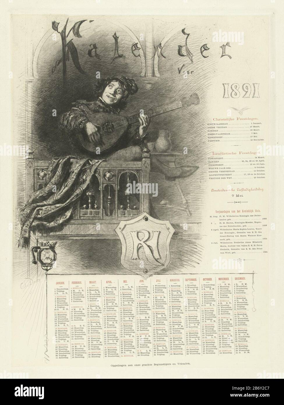 Kalender voor 1891 incontrato vrolijke muzikant Kalender voor 1891 (titel op Object) Calendario per il 1891 con uomo gioioso vestito in costume del XVII secolo, giocando su un liuto. Alcune festività sono specificamente menzionate e nel calendario, tranne mesi e giorni, le abbreviazioni indicano le fasi lunari. Su uno scudo è un monogramma R & H che si riferisce all'organizzazione che il calendario dedicato ai suoi patroni e amici così opschrift. Produttore : printmaker: CAREL Lodewijk Dake (Proprietà elencate) to design: Frans Hals Post Production: Netherlands Data: 1890 - 1891 caratteristiche Fisiche: Etching, d Foto Stock