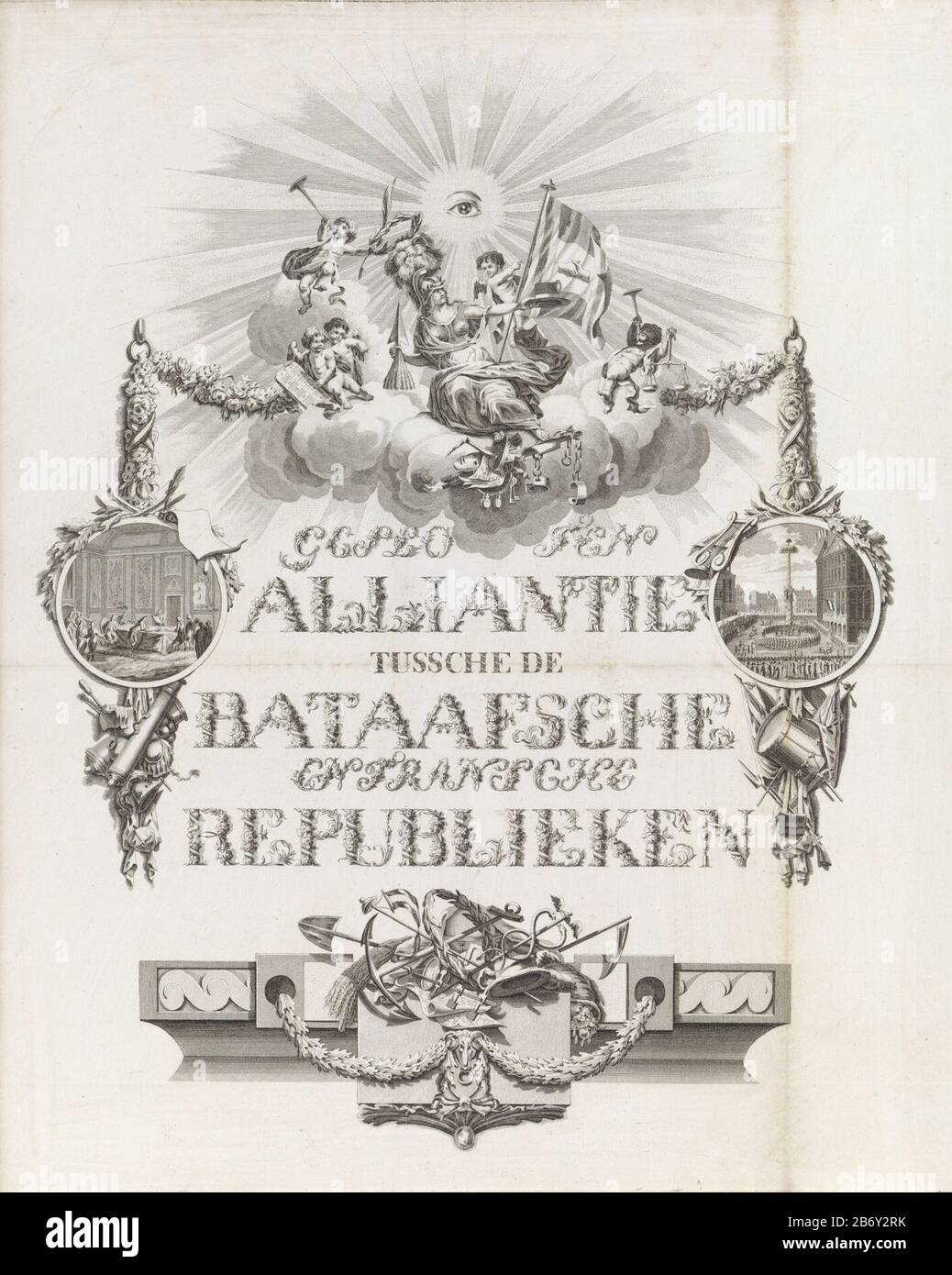 Kalligrafische allegorie op de Alliantie nel 1795 Gesloten Alliantie tussche de Bataafsche en Fransche Republieken (titel op Object) Allegory ha chiuso l'alleanza tra i francesi e la Repubblica Batava. L'iscrizione calligrafica tra due medaglioni lasciò l'alleanza all'Aia il 16 maggio 1795 e lasciò il partito di alleanza sulla diga il 19 giugno 1795. Top Enthroned libertà splendente nel cielo, giù un trofeo di strumenti e simboli delle arti, scienza, commercio e zeevaart. Produttore : produttore di stampe: Jan Lucas van der Beek nel disegno: Reinier ZiesenisPlats fabbricante: The Netherla Foto Stock