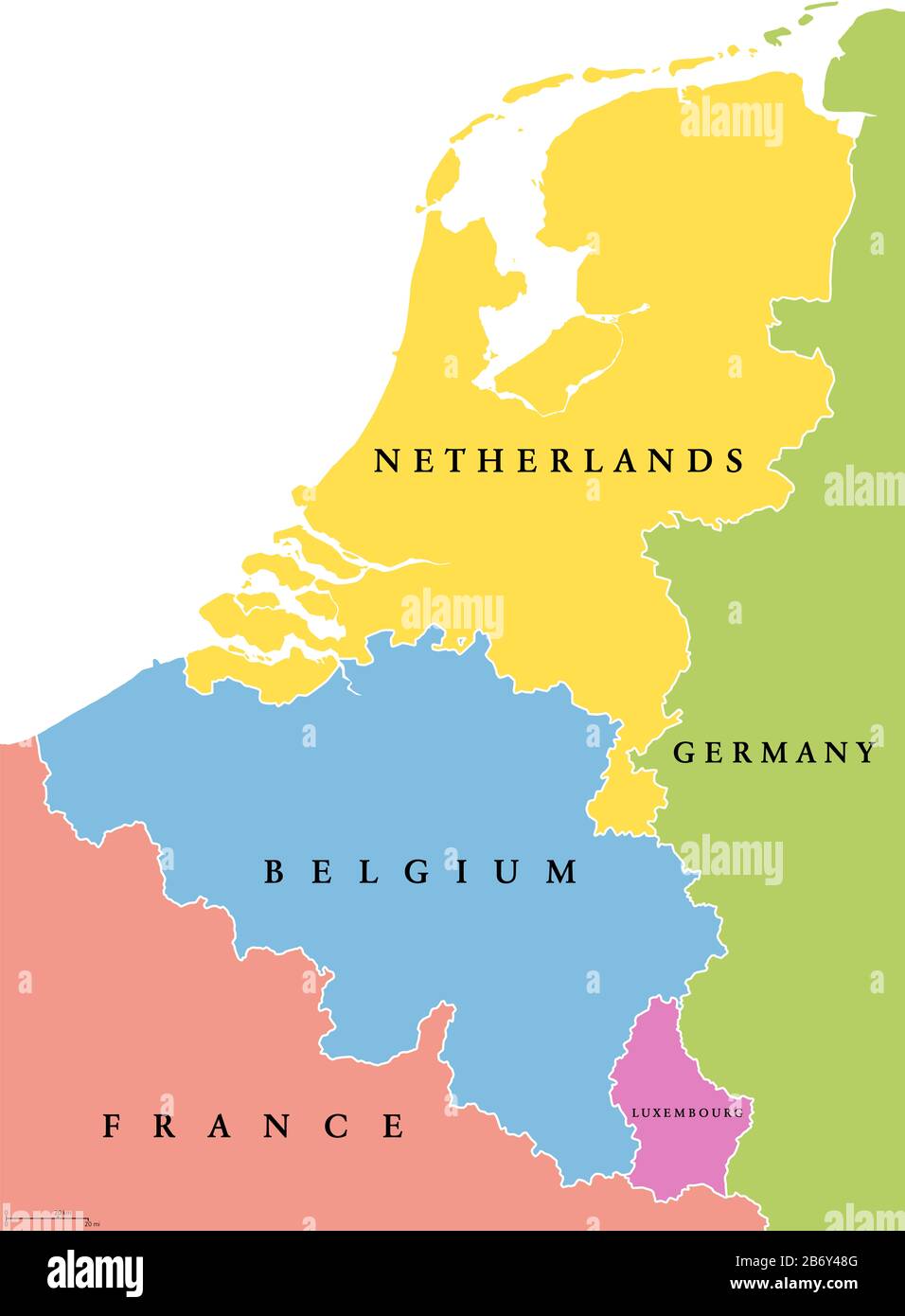 Mappa politica dei singoli stati del Benelux. Regione formata dai paesi Belgio, Paesi Bassi e Lussemburgo. Foto Stock