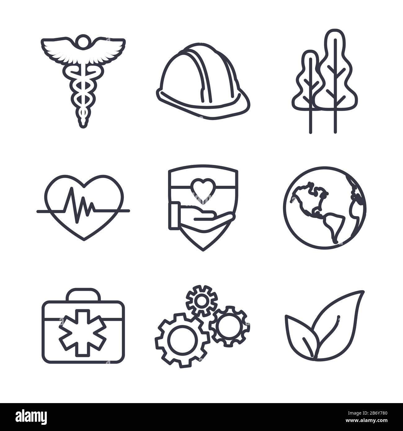 Health Safety & Environment (sicurezza e ambiente) Insieme Di Icone mediche, di sicurezza e di foglie Illustrazione Vettoriale