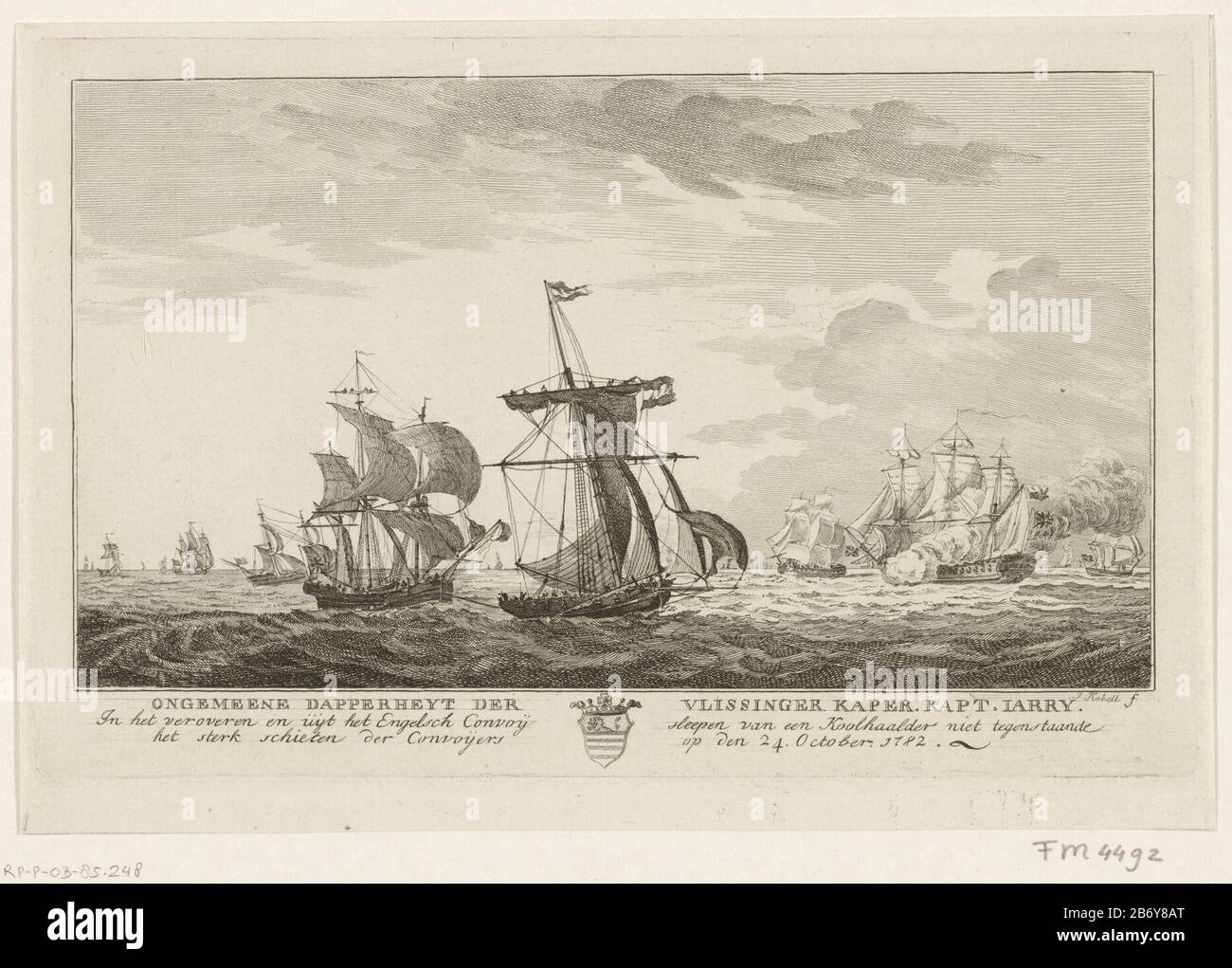 Kaperkapitein Jarry verovert een Brits schip, 1782 Ongemeene Dapperheyt der Vlissinger Kaper Kapt Jarry (titel op Object) Il capitano di Vlissingen privato Nicolas Jarry vince e trascina una nave inglese da un convoglio, 24 ottobre 1782. Produttore : stampatore Jan Kobell (i) (edificio elencato) Luogo di produzione: Nord Paesi Bassi Data: 1782 caratteristiche Fisiche: Acquaforte e engra materiale: Carta Tecnica: Acquaforte / engra (processo di stampa) dimensioni: Bordo della lastra: H 162 mm × b 255 mm Oggetto: Naufragio (+ o propulsione di veicolo, nave, ecc. dal vento) Quarta guerra inglese Quando: 1782-10-24 - 1782-10- Foto Stock