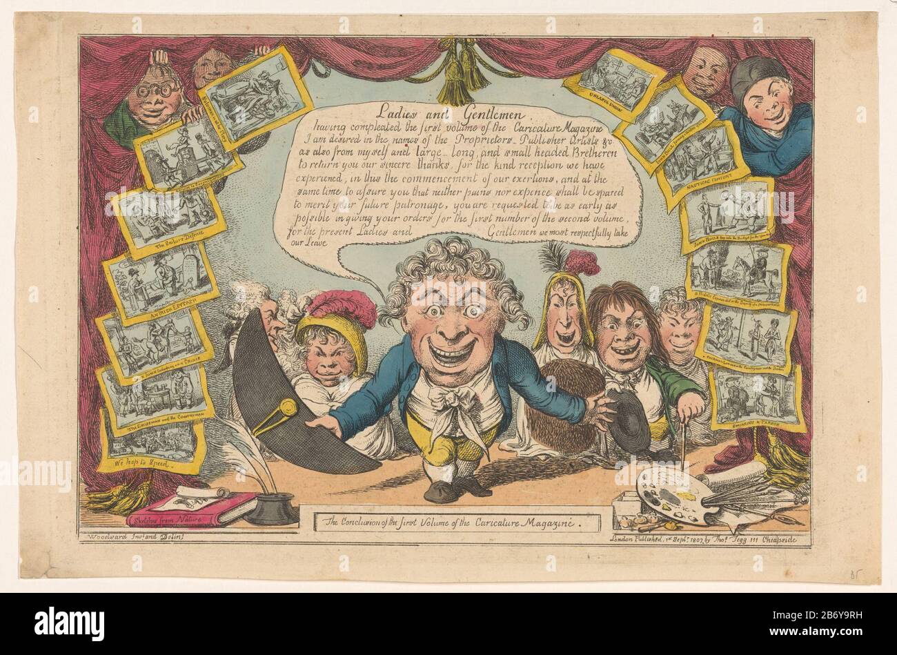 Karikaturale figuren op een toneel La Conclusione del primo volume della rivista della caricatura (titel op object) Karikaturale figuren op een toneel, de middelste man neemt zijn hoed af en spreekt de tekst die wordt weergegeven in een tekstballon. Rondom een rood gordijn Foto Stock