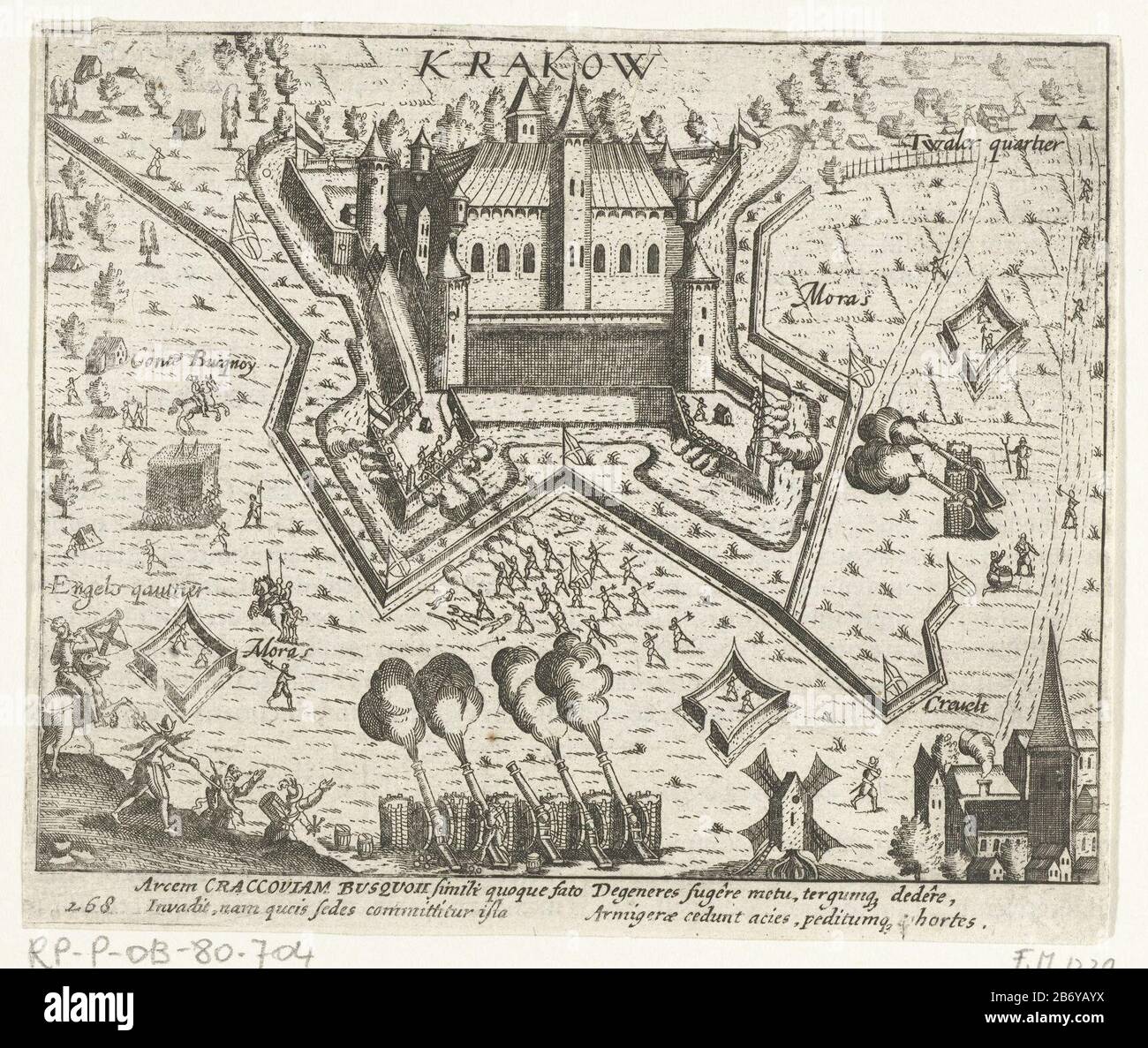 Kasteel Cracovia ingenomen, 1605 Castello di Cracovia (Castello di Cracovia) a Krefeld assedio (dal 4 novembre ) preso prima di Spinola dalle truppe sotto il conte Bucquoy, novembre 7th 1605. Il castello è fucilato dall'esercito spagnolo. Con firma di quattro righe in latino. Numerato 268. Stampato sul retro con testo in Latijn. Produttore : stampatore: Anonimo da stampare da alta montagna francese (officina) Luogo di produzione: Nord Paesi Bassi Data: 1613 - 1615 caratteristiche Fisiche: Materiale di incisione: Carta Tecnica: Incisione dimensioni: Foglio: H 137 mm × b 164 mmToelichtingIllustratie proviene da W. Baudartius, Polemograp Foto Stock