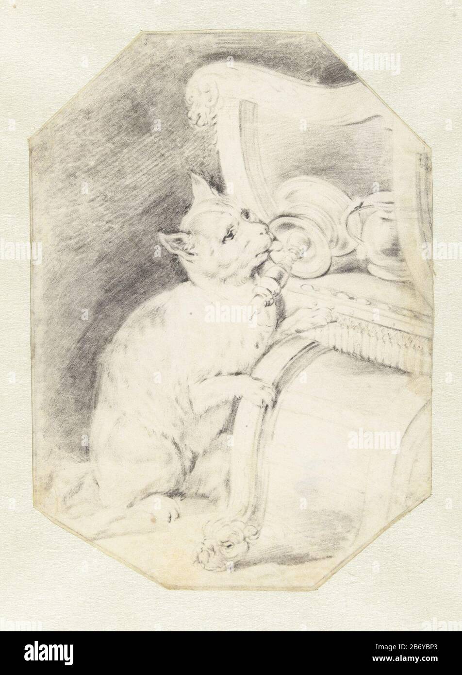 Kat likt kaarsvet van de kandelaar Cat licks cera Candlestick tipo di oggetto: Disegno numero Oggetto: RP-T-1898-A-4029 Produttore : artista: Cornelis Visscher (II) (attribuito a) Data: CA. 1650 - ca. 1654 caratteristiche Fisiche: Gesso nero su pergamena; linee di cornice in gesso nero materiale: Gesso pergamena dimensioni: H 198 mm × W 141 mm Oggetto: Candelabro Foto Stock