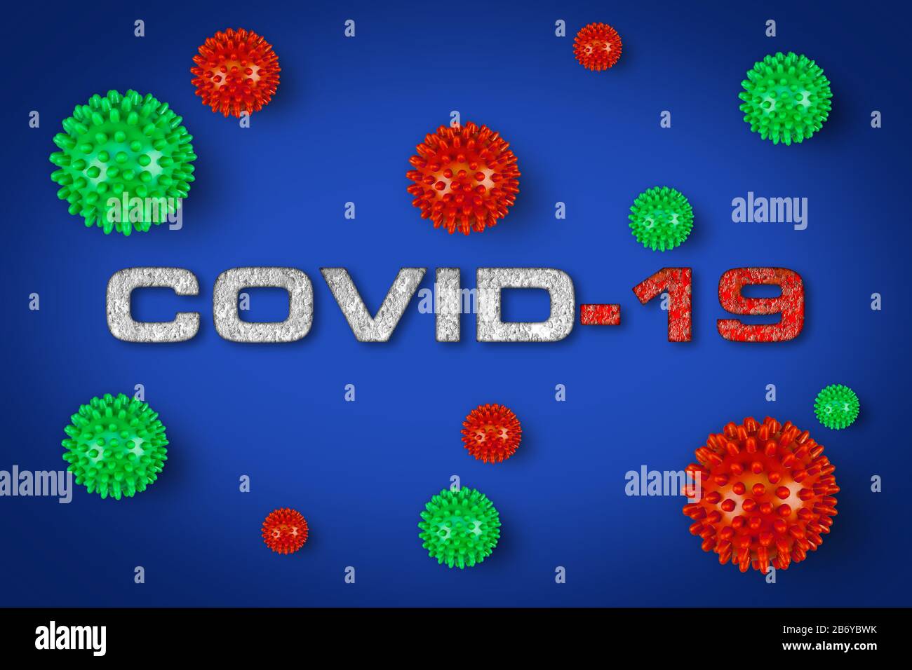Covid-19 caratteri bianchi rossi con virus corona verde su sfondo grigio chiaro. Cornavirus epidemia globale pandemia concetto medico su Foto Stock