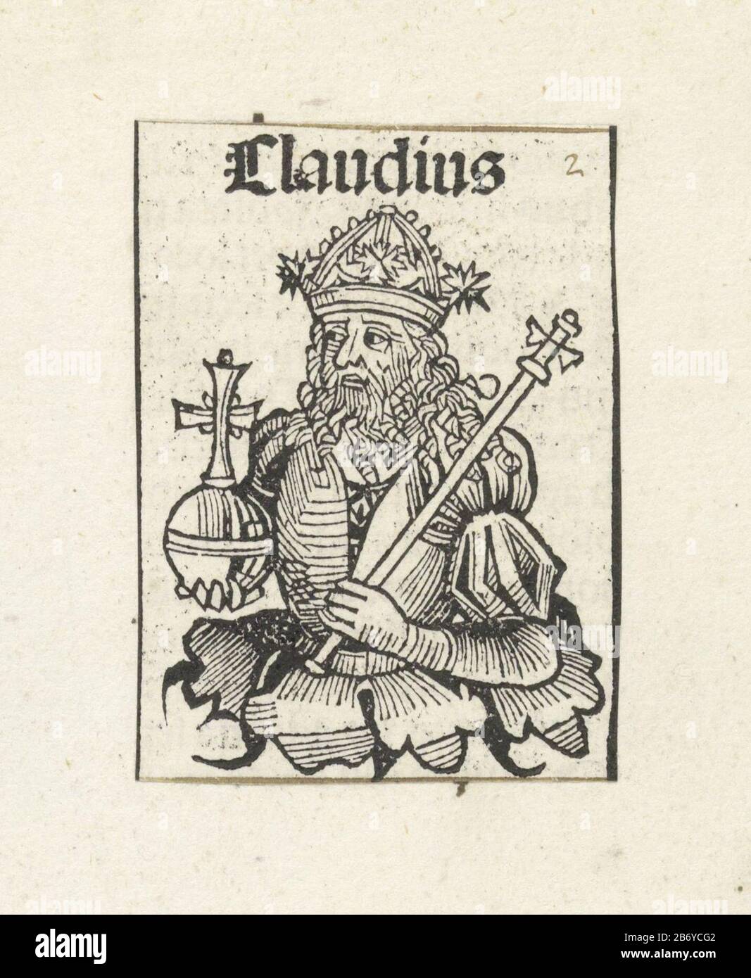 Keizer Claudius i Claudius (titel op object) Liber Chronicarum (serietitel) Calyx girò un re, a sinistra. Nelle sue mani ha un orb e uno scettro. Lo spettacolo fa parte della successione degli imperatori romani nel Liber Chronicarum. Il testo identifica l'uomo come imperatore Claudio I. la stampa fa parte di un album. Produttore : printmaker Michel Wolgemut (studio) printmaker: Wilhelm Pleydenwurff (officina) Luogo di produzione: Norimberga Data: 1493 caratteristiche Fisiche: Woodcut incollato su foglio di album; testo di stampa; verso con testo materiale di stampa: Carta Tecnica: Letterpress / woodcut / paste dimensioni: Foto Stock