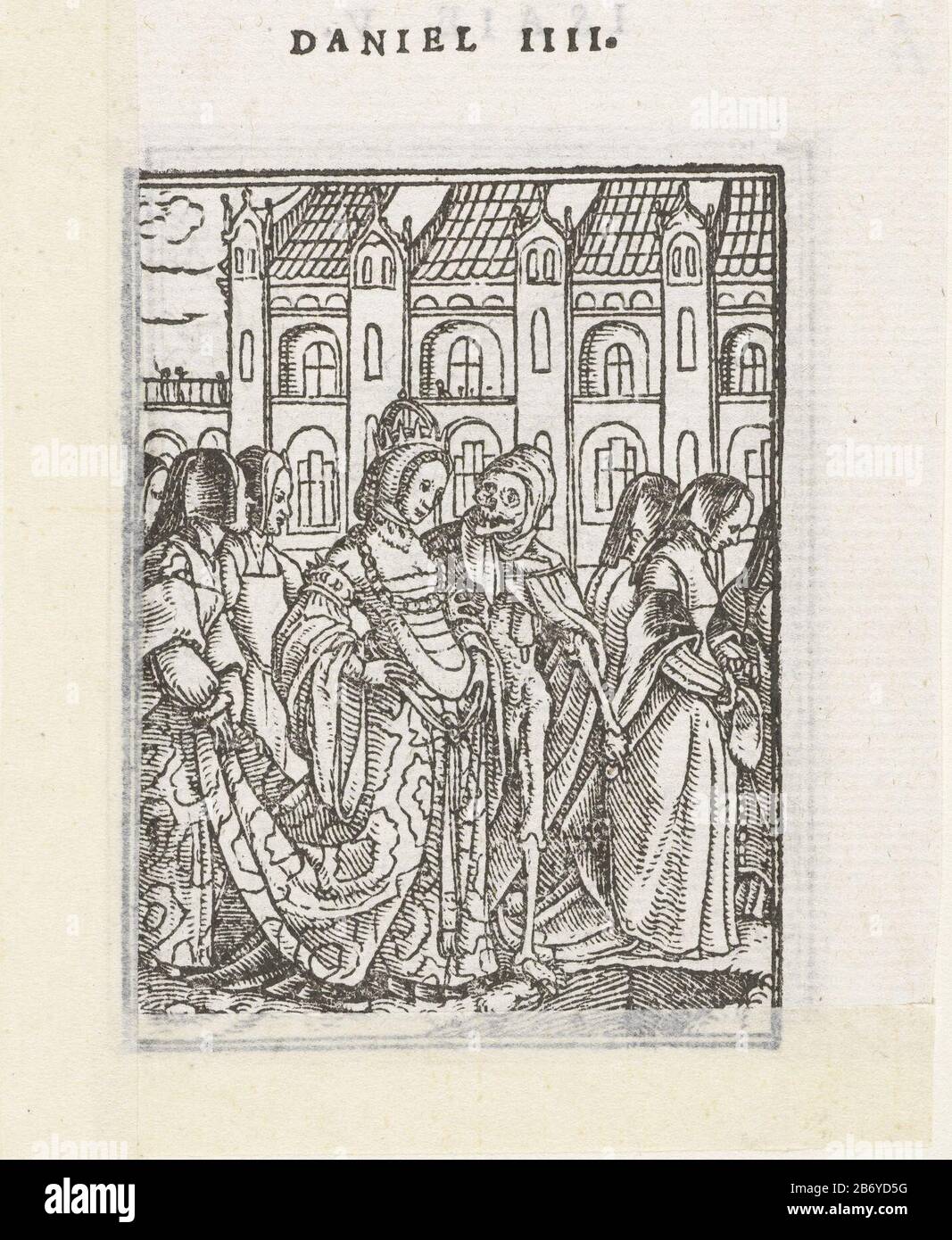 Keizerin en de Dood Dodendans (seriettel) L'imperatrice si erge insieme alla Morte al bordo di una tomba, la Morte punta alla tomba. Le Signore accompagnano l'imperatrice. Nel margine sopra la stampa è il testo Daniel IIII. Produttore : stampatore: Hans Holbein (II) sono stampatore a blocchi: Hans Lützelburger datazione: 1524-1526, e / o 1538 caratteristiche Fisiche: Legno blocco materiale: Carta Tecnica: Legno blocco dimensioni: Immagine: H 65 mm × b 50 mm i tronchi ToelichtingDe sono stati prodotti nel 1526 da Hans Lützelburg e solo nel 1538 sono stati utilizzati per la prima volta come illustrazioni di libri in Les simulachres & historiees faces d Foto Stock