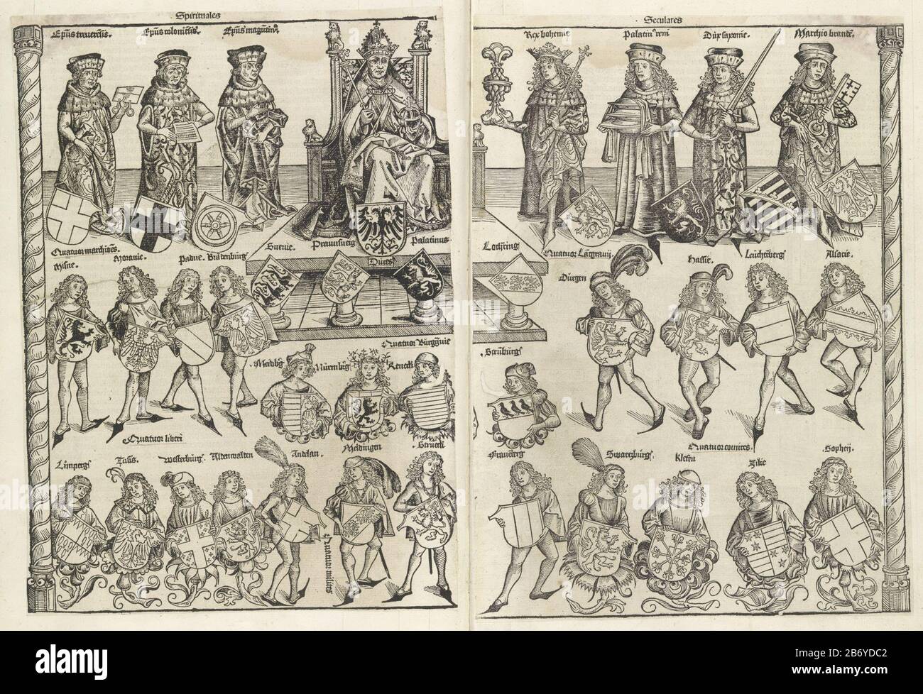 Keizersverkiezing Liber Chronicarum (seriettel) twin-performance (qui in due parti) del Liber Chronicarum. Mostra l'imperatore tedesco come capo del Sacro Romano Impero. È in vesti imperiali, con scettro e orb su un trono. Per lui, lo stemma imperiale con l'aquila a doppia testa. Il suo trono su un palcoscenico sostenuto da quattro pilastri. Rappresentano i quattro duchi della Germania: Swabia (tre leoni neri incoronati), Brunswick (due leopardi), Palatinato (un leone rampante su sfondo nero) e Lorraine (tre aquile su un bar diagonale). L'imperatore è affiancato dalla sua tre spiritua Foto Stock