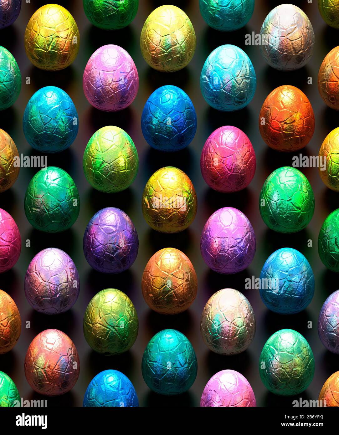 Uova di Pasqua, cioccolato, pellicola avvolta, array geometrico multiplo su uno sfondo nero Foto Stock