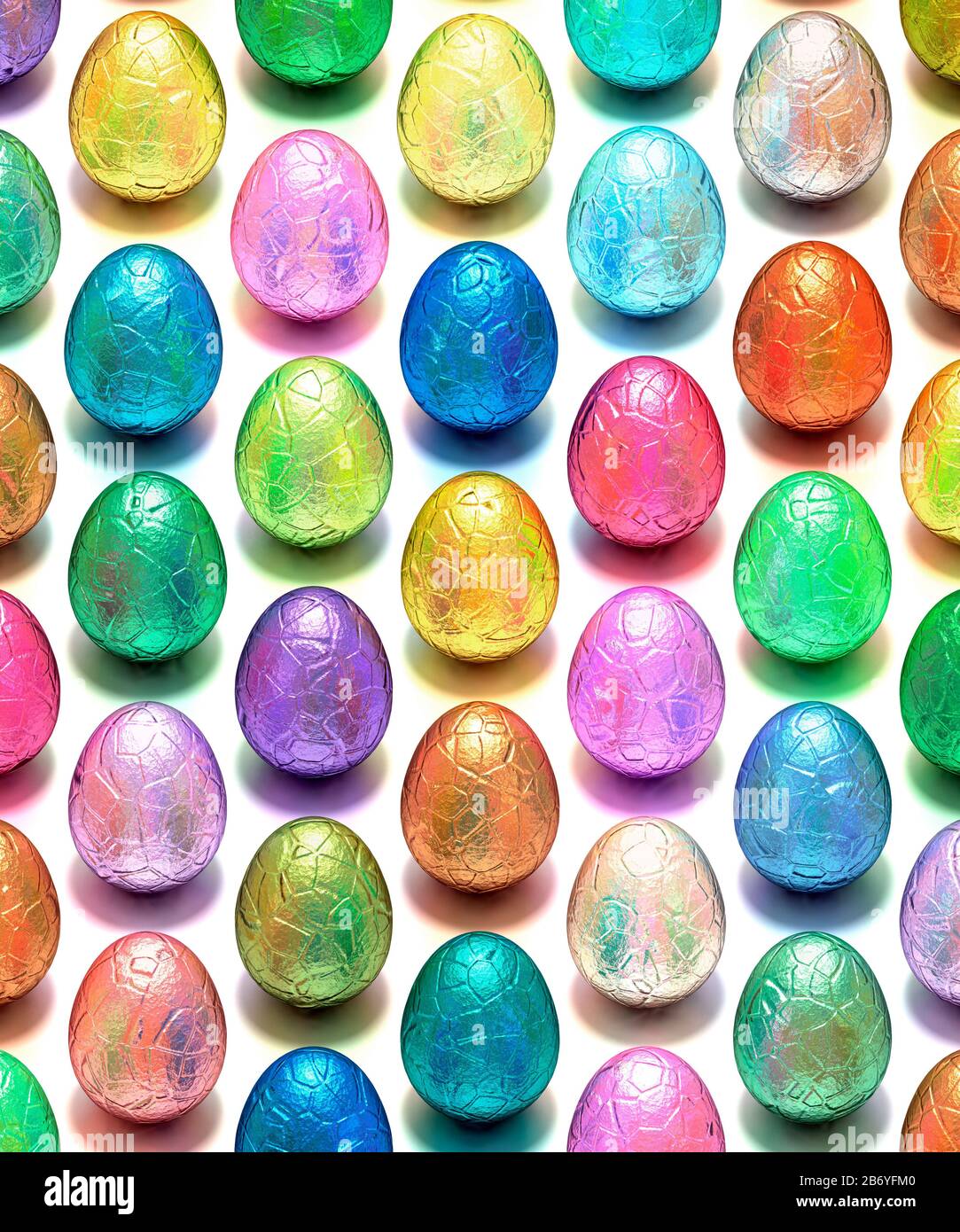 Uova di Pasqua, cioccolato, pellicola avvolta, array geometrico multiplo su sfondo bianco Foto Stock
