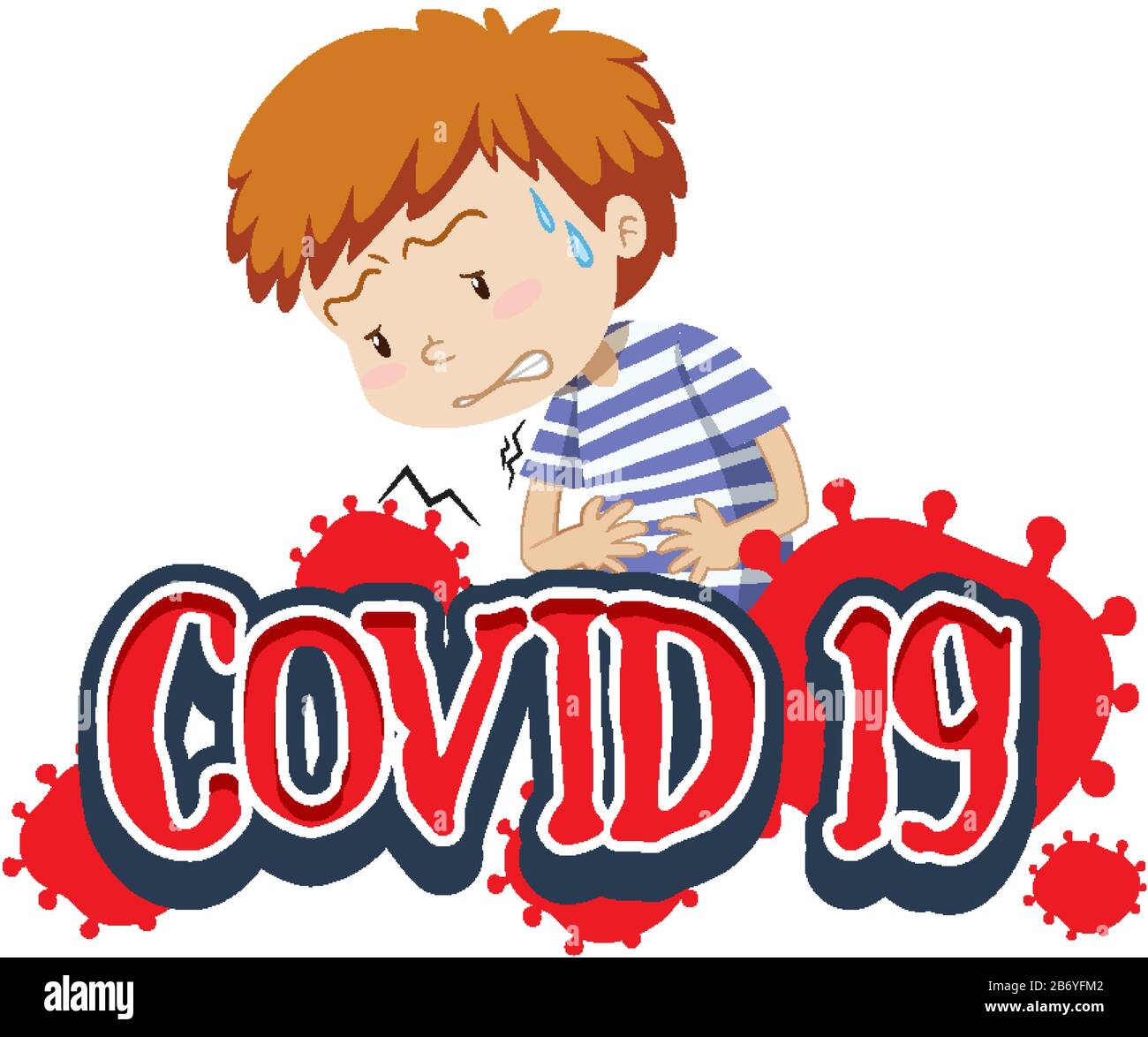 Covid 19 segno modello con ragazzo e illustrazione di dolore di stomaco Illustrazione Vettoriale