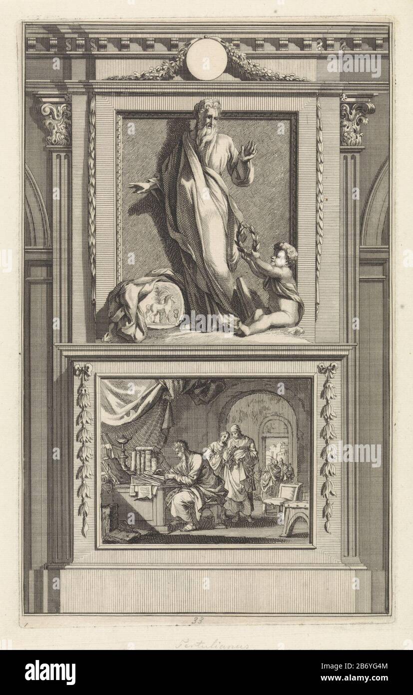 Kerkvader Tertullianus van Carthago il padre della chiesa Tertullian di Carthage guardando un angelo che gli offre un corona di alloro. Tertullian si erge su un piedistallo. Sul fronte una scena Dove: Egli in uno dei suoi scritti schrijft. Produttore : stampatore Jan Luyken Stampa autore: Zacharias Chatelain (II) a disegno: Jan Goeree luogo di produzione: Amsterdam Data: 1698 caratteristiche Fisiche: Incisione ed engra; materiale di prova: Carta Tecnica: Incisione / engra (processo di stampa) dimensioni: Bordo della lastra: H 275 mm × W 171 mmToelichtingProefdruk illustrazione di: Cave, William. Antichità apostoliche, o vita (. Foto Stock