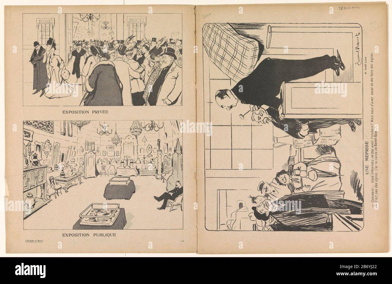 Pagina con due performance. Sopra una folla all'ingresso di un'asta durante una giornata privata di osservazione. Sotto l'interno vuoto di un'asta durante un giorno pubblico di osservazione. In basso a destra, numero 114. La stampa fa parte di un tijdschrift. Produttore : tipografo: Anonymous design by Emmanuel Barcetrukker E. Victor Data: 20 maggio 1905 caratteristiche Fisiche: Litografia materiale: Tecnica della carta: Litografia (tecnica) dimensioni: Foglio: H 317 mm × W 244 mm Oggetto: Vendita d'arte, vendita all'asta caricature (di tipo umano) caricature politiche e satira Foto Stock