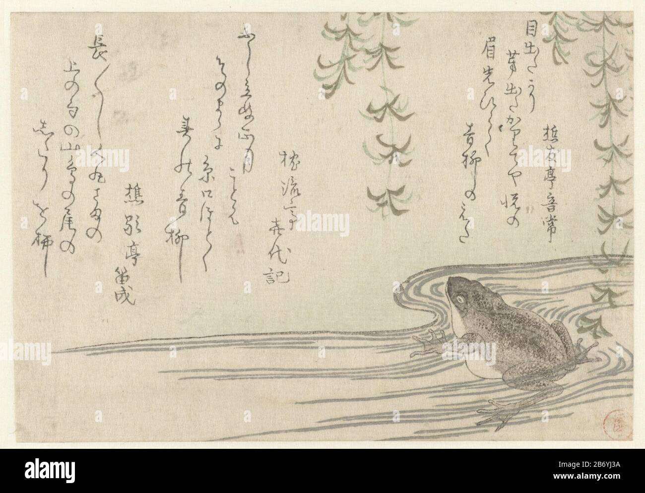 Kikker onter een wilg UNA rana in acqua sotto un salice. L'allusione in questo progetto è il grande calligrafo Ono no no Tofu, noto anche come Michikaze (894-966). Con tre gedichten. Produttore : stampatore: Kubota Shunman (edificio elencato) poeta Shôyûtei Ototsune (edificio elencato) poeta Chinryûtei Kiyoki (edificio elencato) poeta Shôkatei Tomenari (proprietà quotata) Luogo di produzione: Giappone Data: 1800 - circa 1805 caratteristiche Fisiche: Legno colorato; goffratura; blocco di linea in nero con blocchi colorati; materiale di pigmento metallico: Carta Tecnica: Colore legno / goffratura dimensioni: Foglio: H 120 Foto Stock