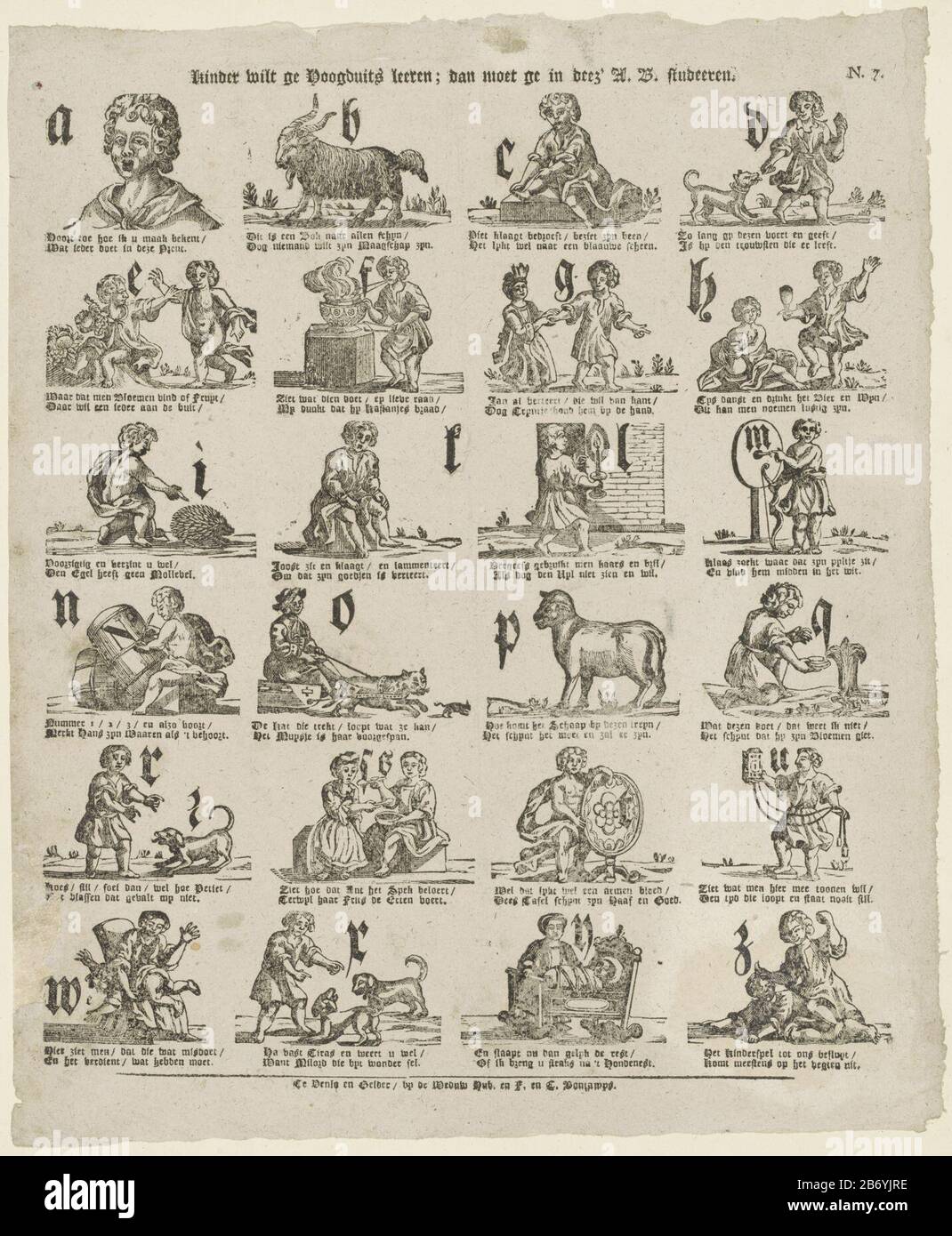 Kinder wilt ge hoogduits leeren dan moet ge in deez' AB studeeren (titel op Object) Journal illustrato con 24, rappresentazioni delle lettere dell'alfabeto con animali e figure In Cui: Di parole inizia con la lettera. Sotto ogni immagine un verso a due linee. Numerato in alto a destra: N. 7. Produttore : editore: Vedova H. Bontamps (edificio elencato) Editore: Francis Bontamps (edificio elencato) stampatore: Anonymous luogo produzione: Editore: Venlo Editore: Gelder Data: 1779 - 1936 caratteristiche Fisiche: Legno tagliato e testo materiale da stampa : carta Tecnica: Legno / formati da stampa: Foglio: H 401 m Foto Stock