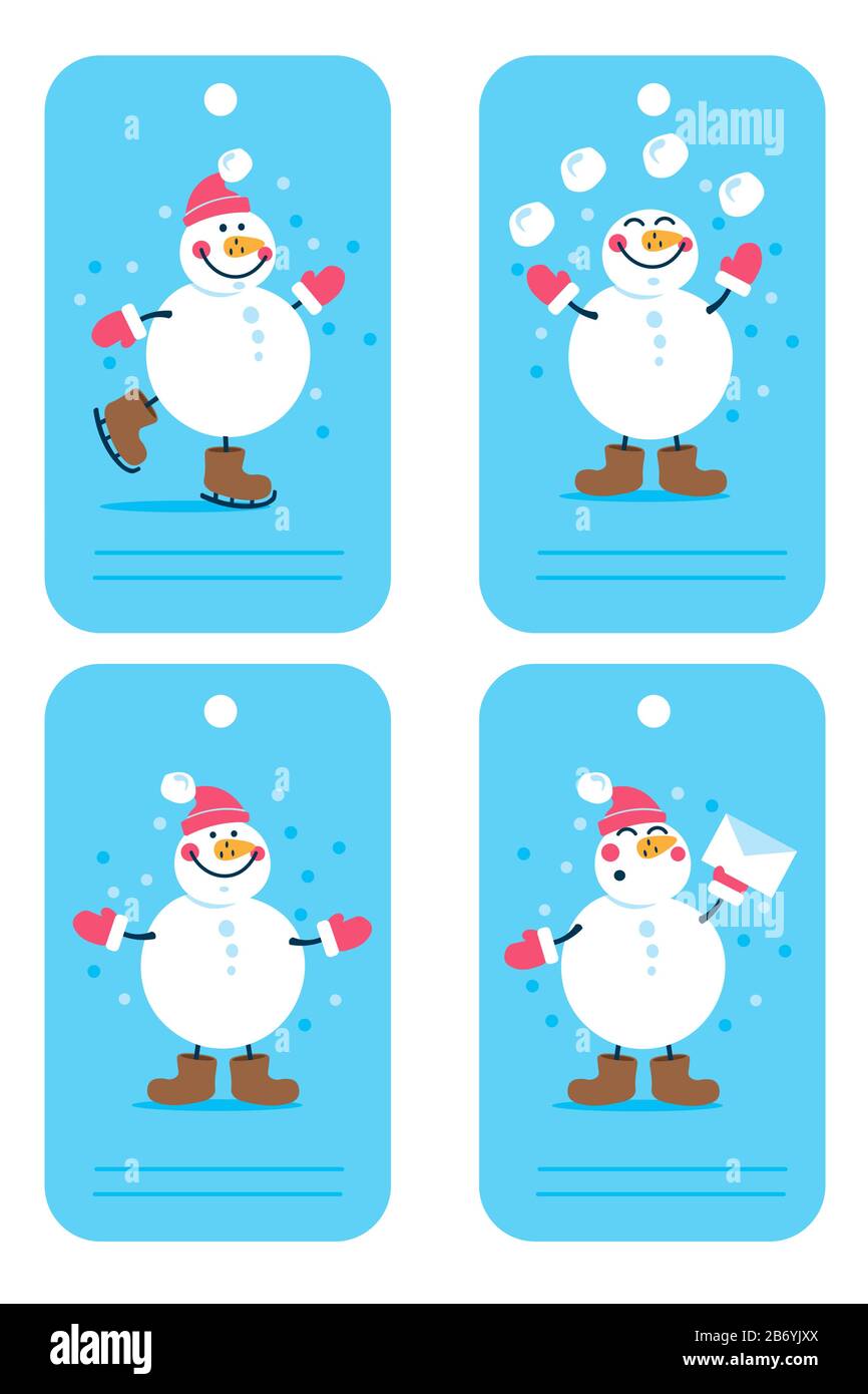 Collezione etichette Natale e Capodanno. Etichette con pupazzo di neve. Illustrazione Vettoriale