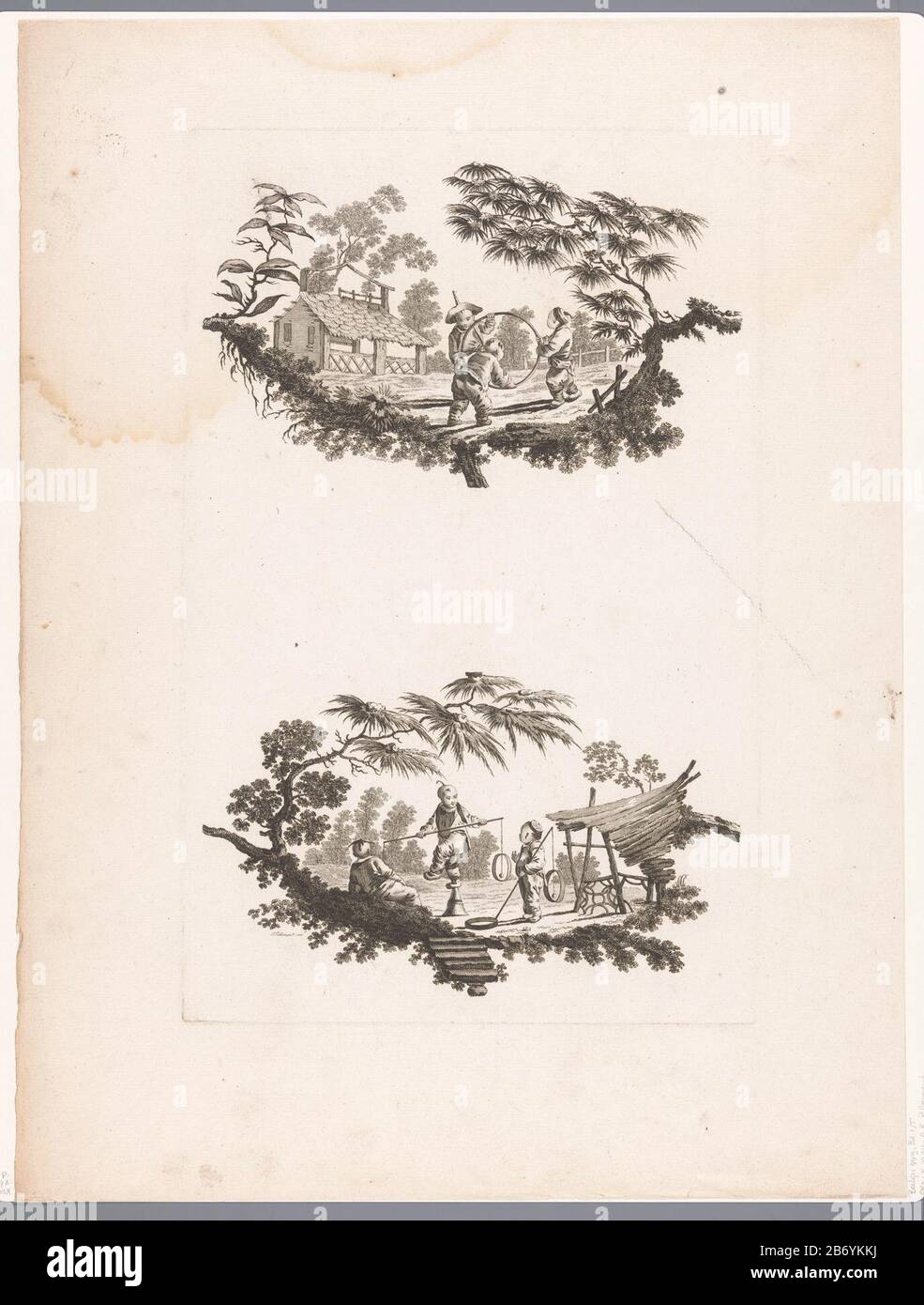 Kinderen met hoepel en balancerend met stok Recueil de Plusieurs Jeux d'Enfants Chinois (serietitel) Al Piano Superiore: Tre bambini cinesi che giocano con un hoop. Sotto: Un bambino cinese si bilancia su una pedina con un bastone nelle sue mani. Due bambini che guardano. Intorno a due mostra una cornice con alberi e struiken. Produttore : printmaker: Pierre Charles Canotnaar design: Jean Baptiste Pillement (edificio elencato) Editore: Charles Leviezuitgever: Anonymous Place manufacturing: Publisher: Paris Editore: London Data: 26 dic 1759 caratteristiche Fisiche: Acquaforte materiale : carta Tecnica: Acquaforte dimensioni: Piastra edg Foto Stock