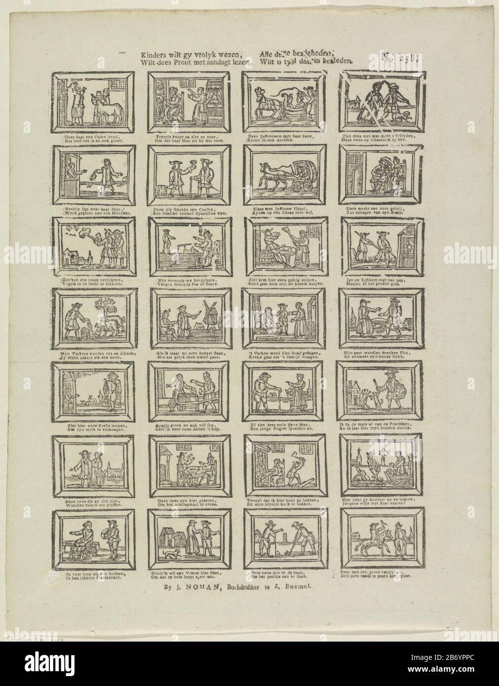 Kinders witt gy vrolyk wezen, Wilt dees prent met aandagt lezen, alle deze begigheden, Wilt u tyd daarin bestededden (titel op Object) Leaf con 28 performances di personaggi e inseguimenti diversi. Sotto ogni immagine un verso a due linee. Numerato in alto a destra: N. 238. Produttore : Editore: Johan Noman (edificio elencato) stampatore: Anonimo luogo produzione: Editore: Zaltbommel Stampa autore: Olanda Data: 1806 - 1830 caratteristiche Fisiche: Legno tagliato e testo materiale di stampa: Carta Tecnica: Legno / stampa formati: Foglio: H 407 mm × W 318 mm Oggetto: Tipo umano Foto Stock