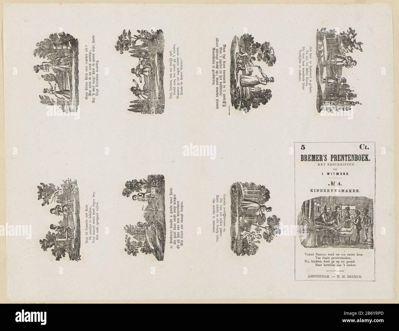Kindervermaken (titel op object) il prentenboek di Bremer ha incontrato bijschriften van J Witmond (seriettel op object) Journal 7 attività di spettacoli per bambini come la lettura, la raccolta di fiori e bolle di soffiaggio. Sotto ogni esecuzione un versetto a quattro righe, alcuni in stile gotico. Destra un titolo di blocco e l'indirizzo dell'editore e una presentazione di un padre e dei suoi figli in un interno. Numerato Tra Il Titolo: N. 4. Produttore : editore: HM Bremer (edificio elencato) printmaker: Anonymous writer J. Witmond (proprietà elencata) Luogo di produzione: Amsterdam Data: 1867 - 1883 Caratteristiche Fisiche: Woodcut and Foto Stock