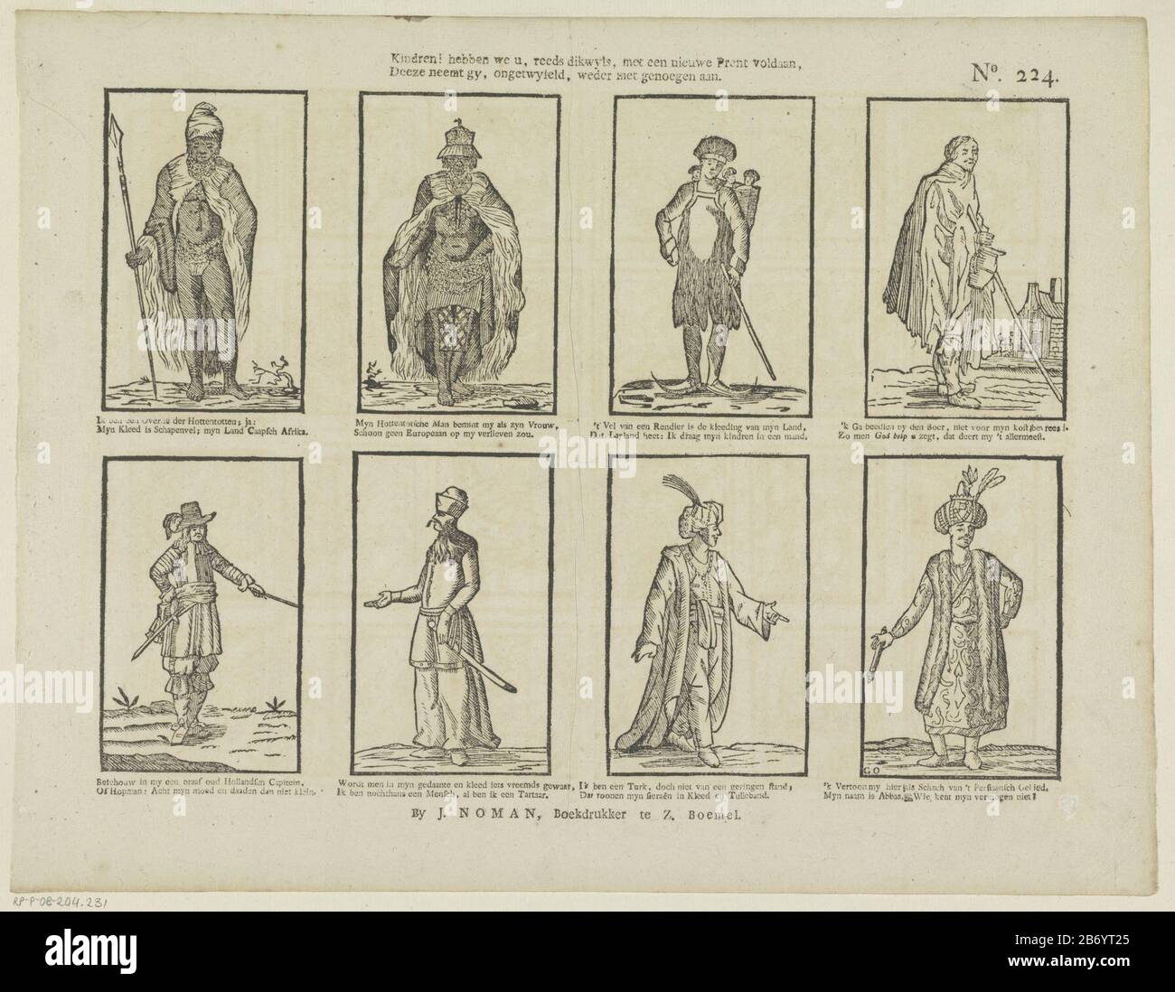 Kindren hebben we u, reeds dikwyls, met een nieuwe prent voldaan, Deeze neemt gy, ongetwyfeld, weder ha incontrato genoegen aan (titel op Object) Leaf con otto rappresentazioni di figure di paesi diversi. Sotto ogni immagine un verso a due linee. Superiore destro numerato: N. 224. Produttore : printmaker Gerrit Oortman (listed building) Editore: Johan Noman (listed property) Prodotto Del Luogo: Printmaker: Netherlands Editore: Zaltbommel Data: 1806 - 1830 caratteristiche Fisiche: Legno tagliato e testo materiale di stampa: Carta Tecnica: Legno / formati di stampa: Foglia : h 317 mm × W 414 mm Oggetto: TypenAfrican Foto Stock