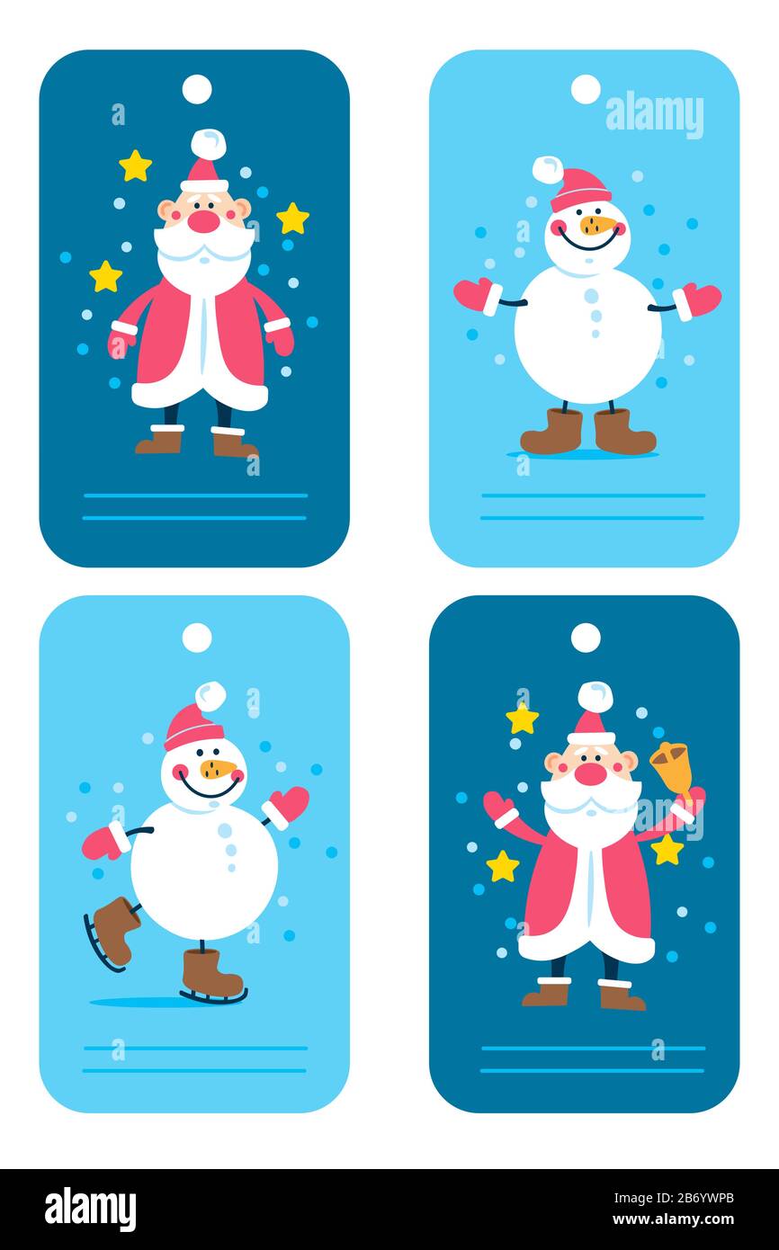Vector Holiday Christmas e tag di nuovo anno con personaggi cartoon Santa e Snow man Illustrazione Vettoriale