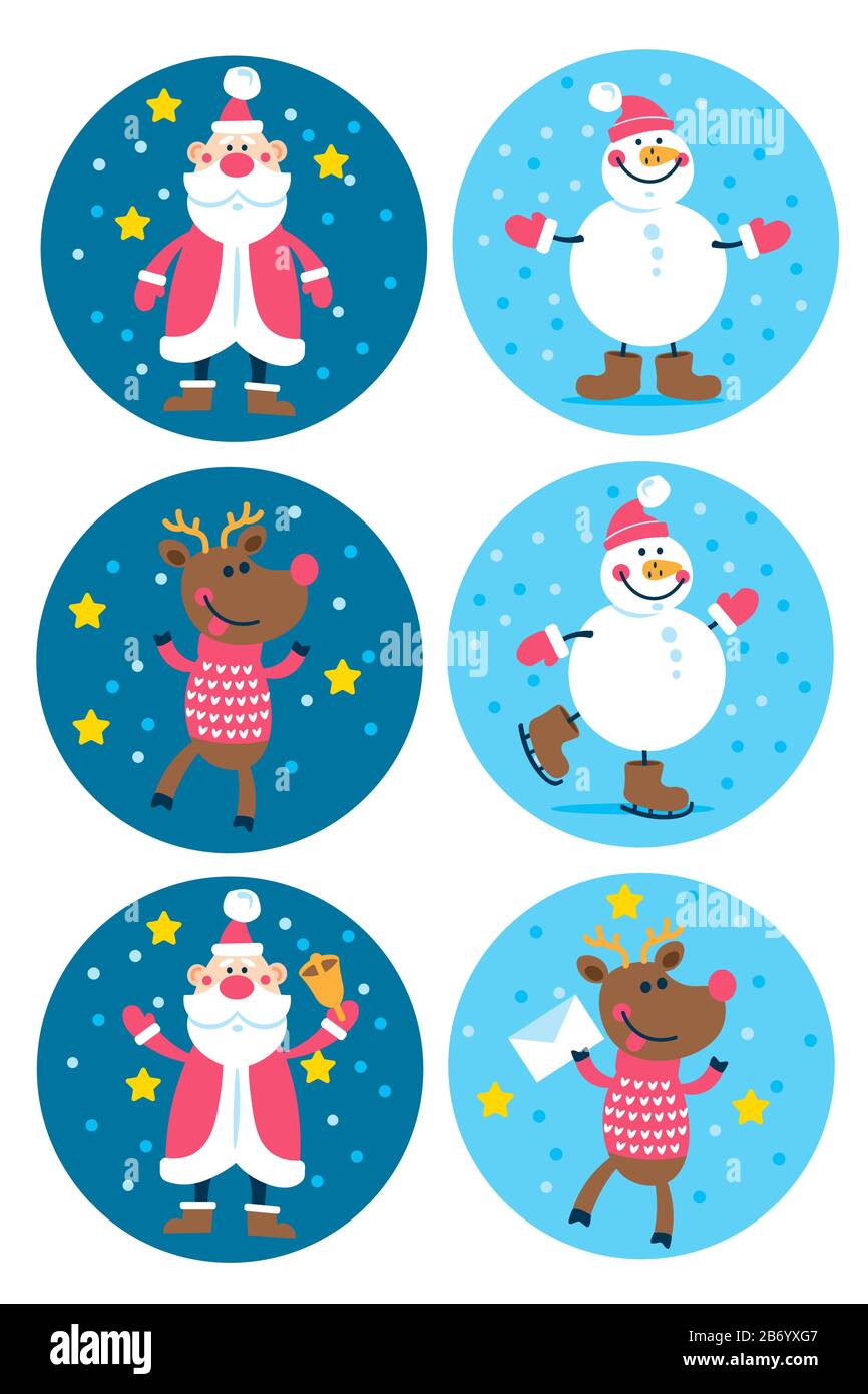 Carino Natale Personaggi Babbo Natale, Renne, Pupazzo Di Neve. Adesivi per illustrazioni vettoriali piatte per il tuo design Illustrazione Vettoriale