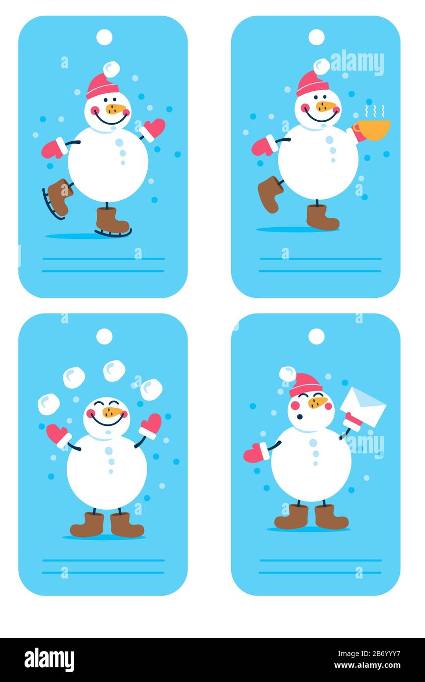 Vector vacanza Natale e nuovo anno tag con cartone animato Snow man Illustrazione Vettoriale