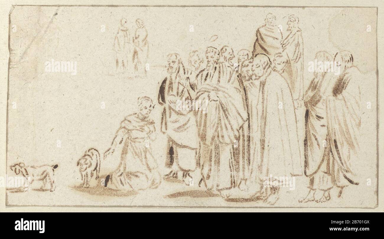 Knielende vrouw met twee honden voor een groep van staande mannen Donna Inginocchiata con due cani per un gruppo di uomini in piedi tipo di oggetto: Disegno numero Oggetto: RP-T 1981-326 fabbricante : artista: Anonimo luogo produzione: Paesi Bassi Data: CA. 1600 - ca. 1699 caratteristiche Fisiche: Impronta di un materiale verniciante : carta Tecnica: Contropressione dimensioni: H 95 mm × W 180 mm Foto Stock