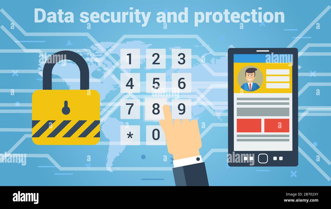 Stile piatto di uomo che immette la password per ottenere l'accesso ai dati sotto la protezione di sicurezza. Banner Web vettoriale Foto Stock