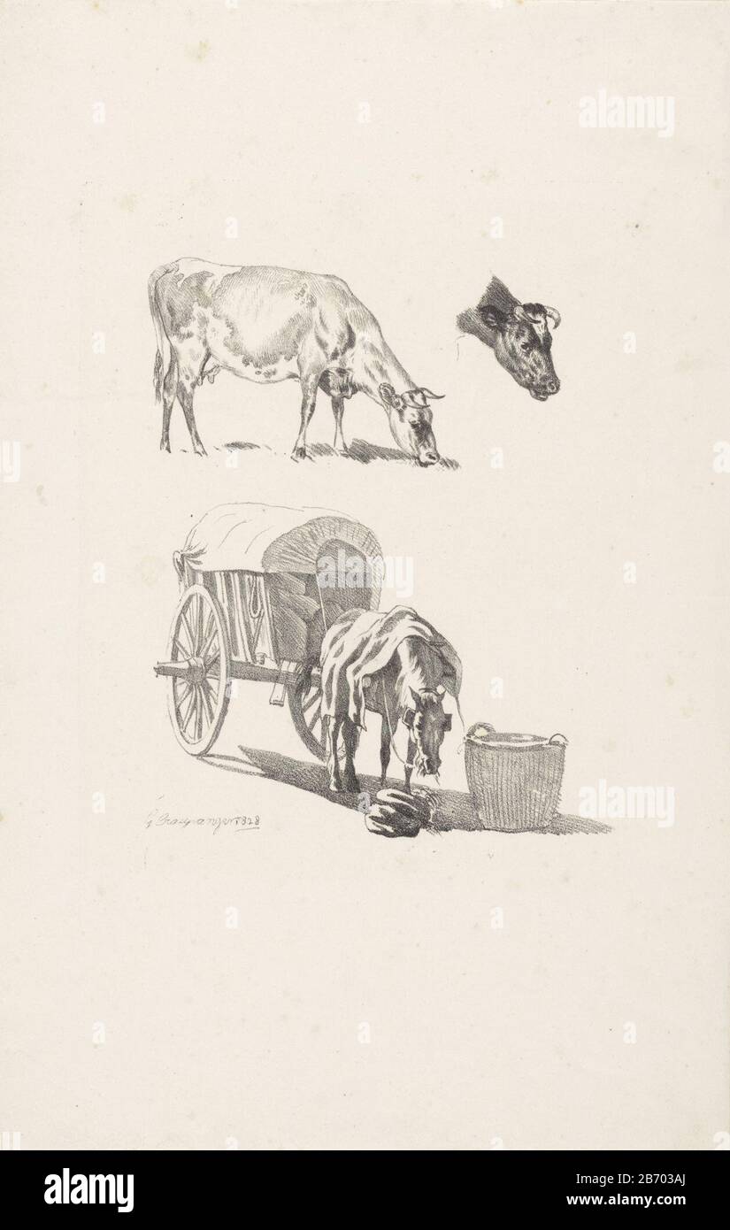 KOe, een keienkop en een paard met wagen Beesten Studien naar het Leven (serietitel) Cow grazes. Accanto ad esso è mostrata la testa di una mucca. Alla base di un cavallo e di un carro. C'è una coperta sopra il cavallo e picchiato l'animale mangia da una borsa a terra. Accanto ad esso è una grande mand. Produttore : tipografo: Gijsbertus Craeyvanger (indicato sull'oggetto) Luogo di produzione: Olanda Data: 1828 caratteristiche Fisiche: Litografia materiale: Carta tecnica: Litografia (tecnica) dimensioni: Foglio: H 430 mm × W 270 mmToelichting Foto Stock