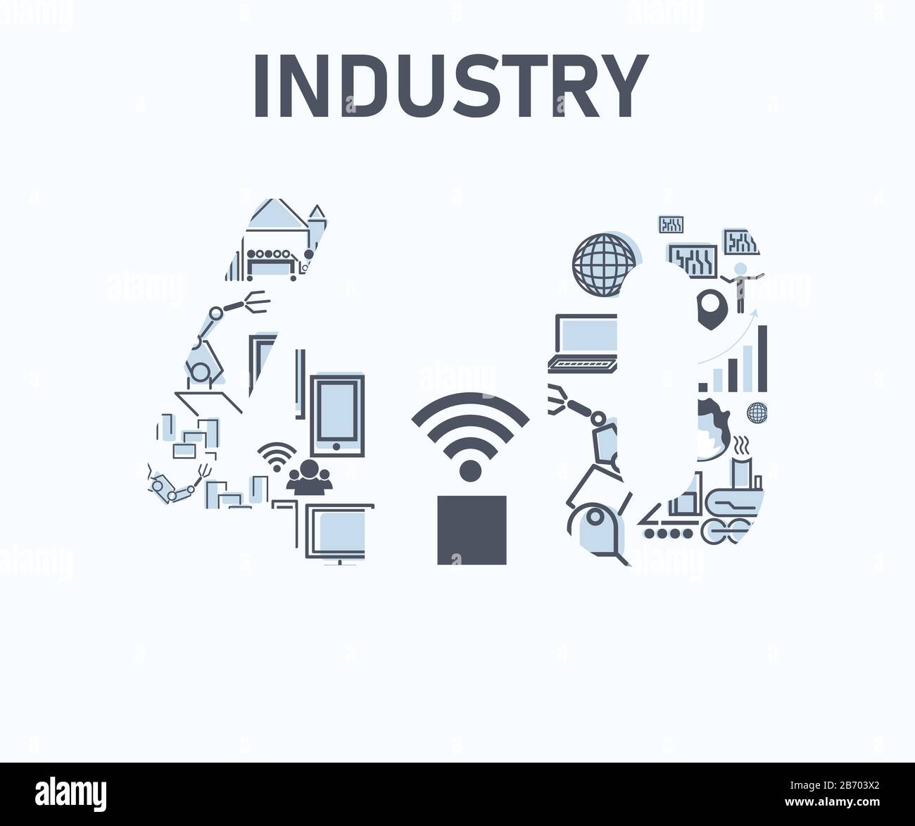 Tecnologia industria 4.0 icona industriale di vapore, fabbrica, automazione robot di gestione e wireless di comunicazione fabbrica in uno stile piatto co Illustrazione Vettoriale