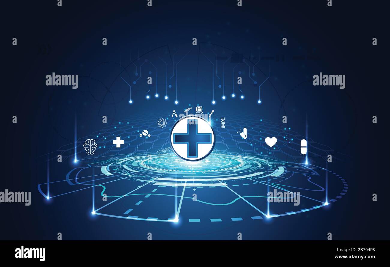 Salute astratta scienza medica sanitaria icona tecnologia digitale concetto di scienza innovazione moderna, Trattamento, medicina su hi tech futuro blue backgro Illustrazione Vettoriale