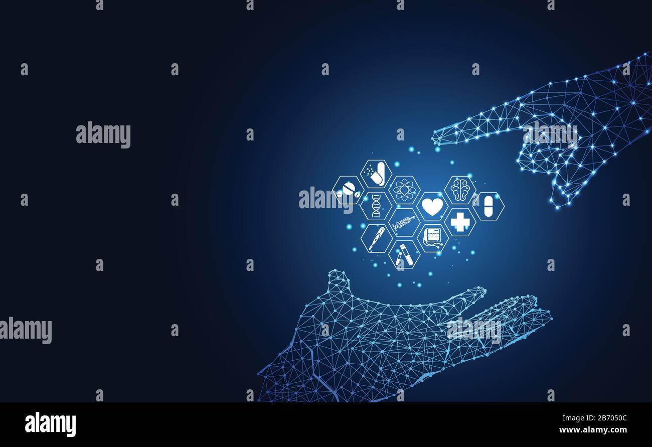 Abstract low poly futuristici wireframe concept hand digital and Health icona su sfondo blu per template, web design o Presentation.Vector Illustr Illustrazione Vettoriale