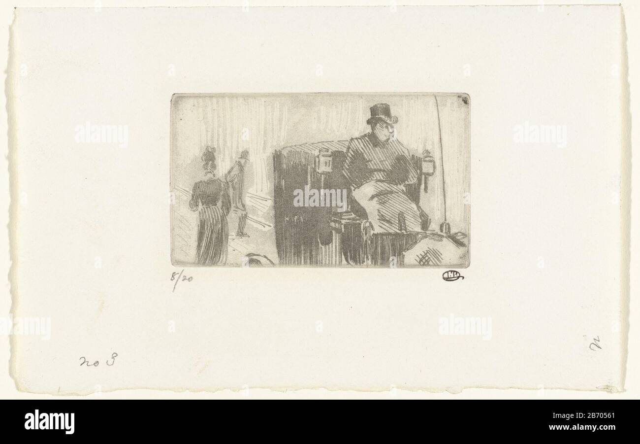 Koets in de regen una strada un autista sulla scatola di un trasporto nel regen. Produttore : tipografia: Lucien Pissarro (indicato sull'oggetto) Data: 1873 - 1944 caratteristiche Fisiche: Acquaforte e acquatinta materiale: Carta Tecnica: Acquaforte / acquatinta dimensioni: Bordo della lastra: H 60 mm × W 104 mm Oggetto : veicolo a quattro ruote, trainato da animali, ad esempio: Cabina, trasporto, pioggia del pullman Foto Stock