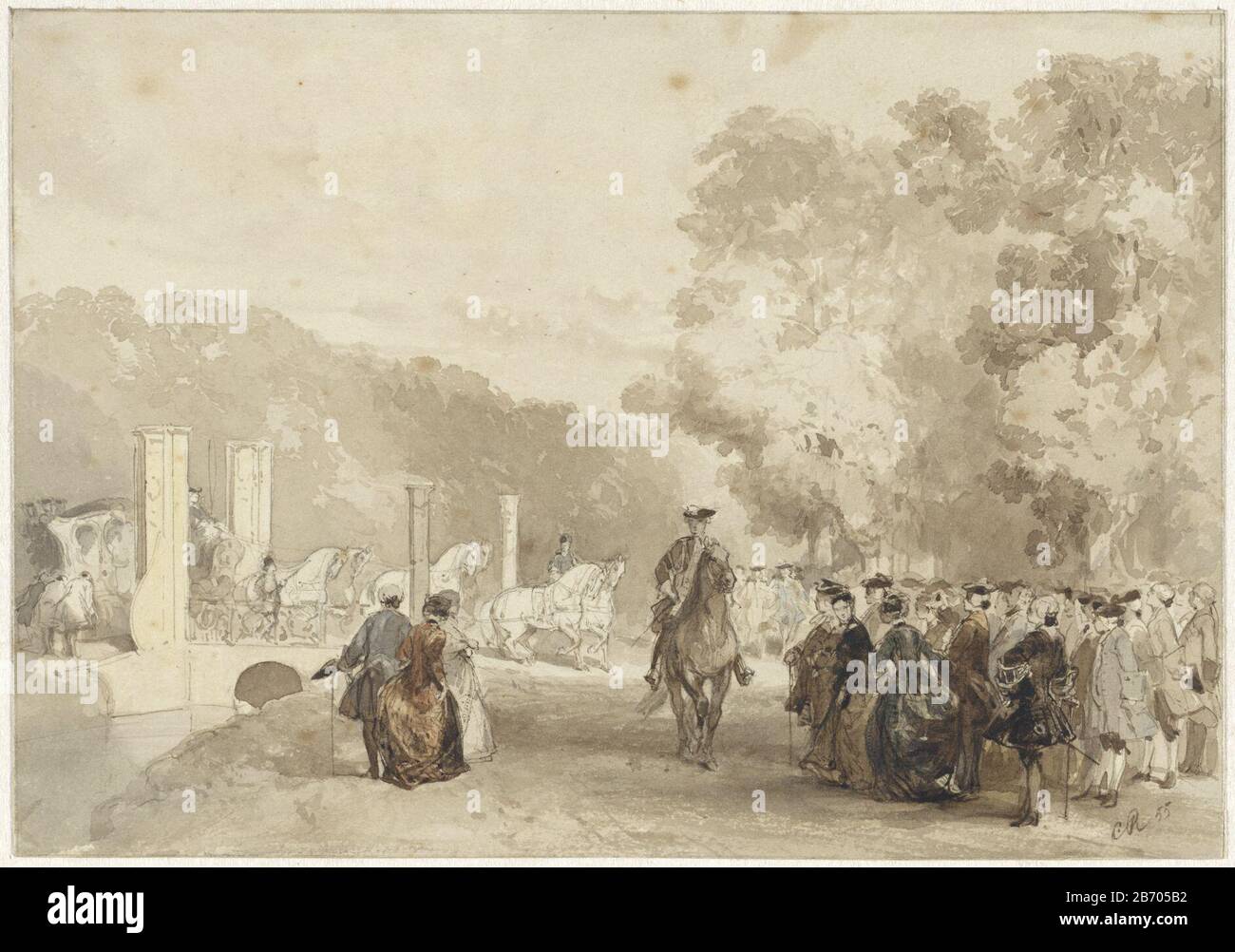 Koets van de Prins, die van de oprijlaan van Huis ten Bosch rijdt Coach del Principe del viale di Huis ten Bosch drive tipo oggetto: Disegno acquerello Codice articolo: RP-T-1898-A-4037 Produttore : artista: Charles Rochussen Data: 1855 caratteristiche Fisiche: Matita, penna e pennello in marrone e pennello colore materiale: Carta matita acquerello Tecnica: Penna / pennello dimensioni: H 157 mm × W 224 mm Oggetto: Giardini pubblici, parco a quattro ruote, veicolo disegnato da animali, ad esempio: Cabina, carrozza, carrozza a cavallo Foto Stock