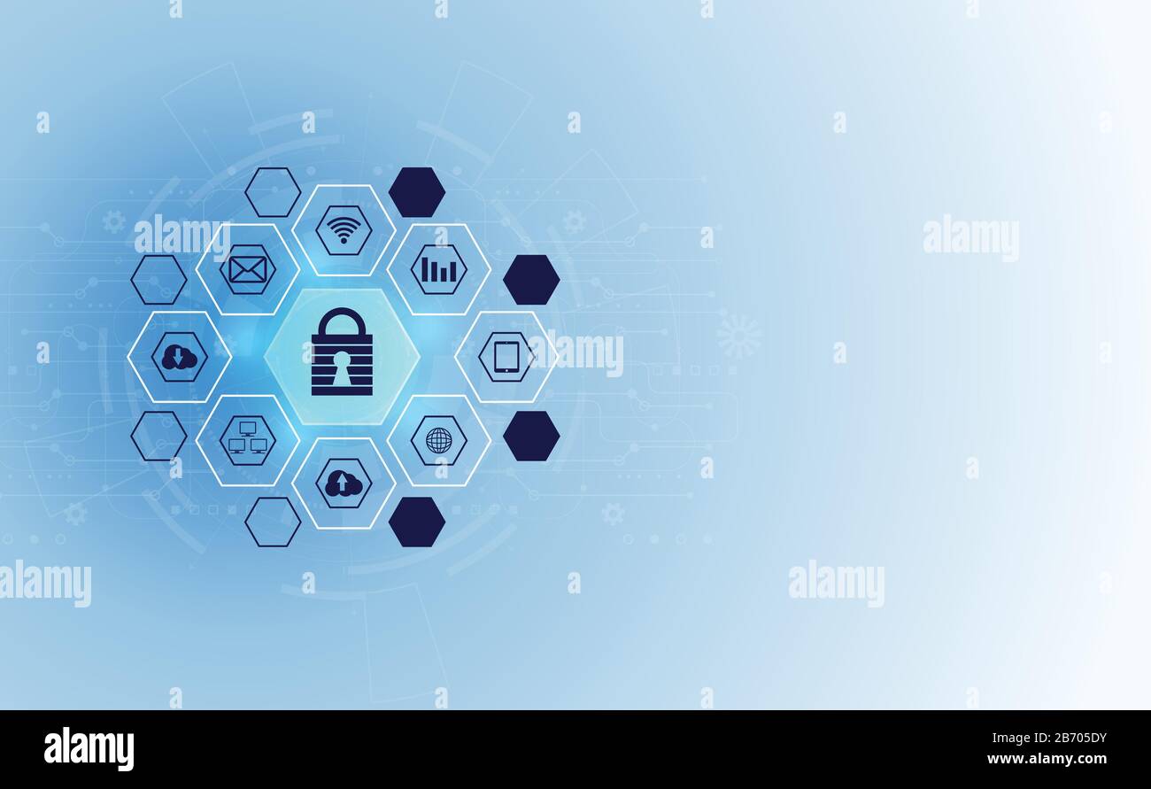 Tecnologia astratta cyber sicurezza privacy icona informazioni rete concetto lucchetto protezione rete digitale internet link su hi tech blu futuro ba Illustrazione Vettoriale