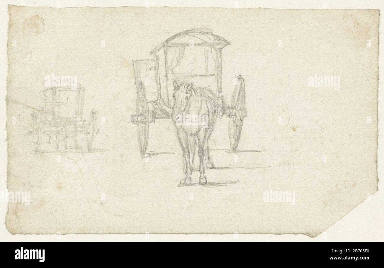 Buggy con un cavallo visto dal tipo di oggetto anteriore: Disegno numero Oggetto: RP-T-1963-177 Produttore : disegnatore: Georges Michel Data: 1773 - 1843 caratteristiche Fisiche: Matita materiale: Matita dimensioni: H 96 mm × W 160 mmToelichtingEen di 120 disegni, da un album del 19th secolo con disegni di Georges Michel. Foto Stock