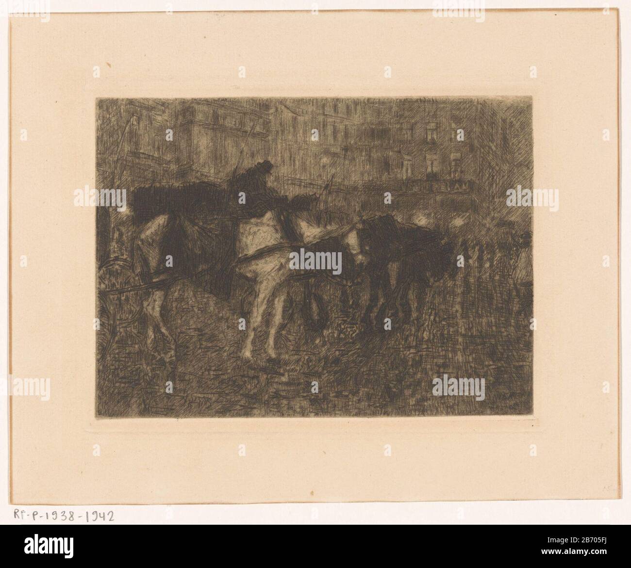 Koetspaarden op een stadsplein bij avond Carriage Horses in a Town Square at night Object type: Picture Item number: RP-P-1938-1942 Iscrizioni / marchi: Collector's mark, vero, stampato: Lugt 2228 collector's mark , vero, stampato: Lugt 2760 Produttore : stampatore Maurits Niekerk Data: 1881 - 1938 Materiale: Paper Tecnica: Incisione / tonalità dimensioni della piastra: Bordo della piastra: H 150 mm × W 198 mm Oggetto: Animale da trazione, veicolo trafilato (trasporto ecc.) cavallo da sera Foto Stock