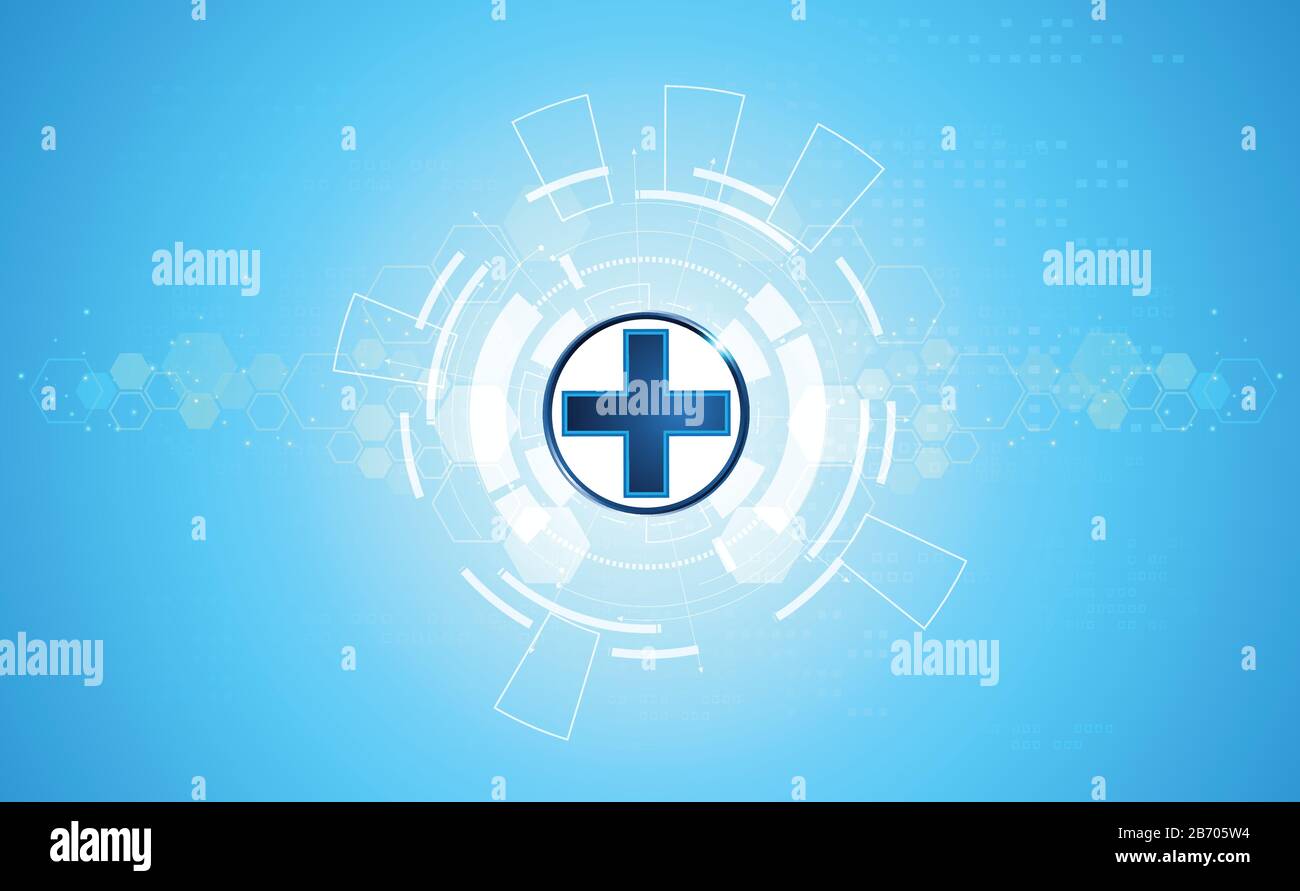 La scienza astratta della salute consiste in salute più tecnologia digitale concetto di moderna tecnologia medica, Trattamento, medicina su hi tech futuro sfondo blu Illustrazione Vettoriale