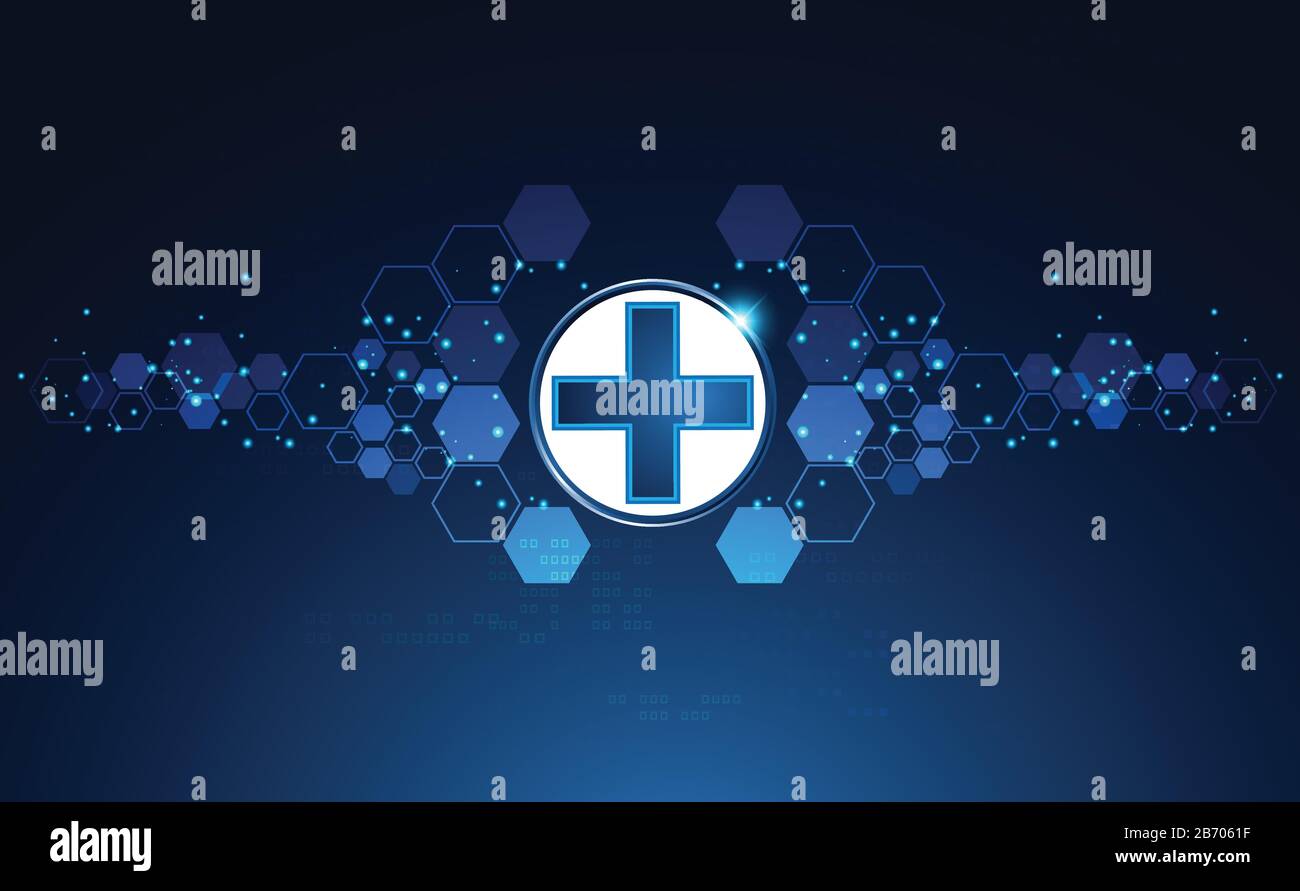 La scienza astratta della salute consiste in salute più tecnologia digitale concetto di moderna tecnologia medica, Trattamento, medicina su hi tech futuro sfondo blu Illustrazione Vettoriale