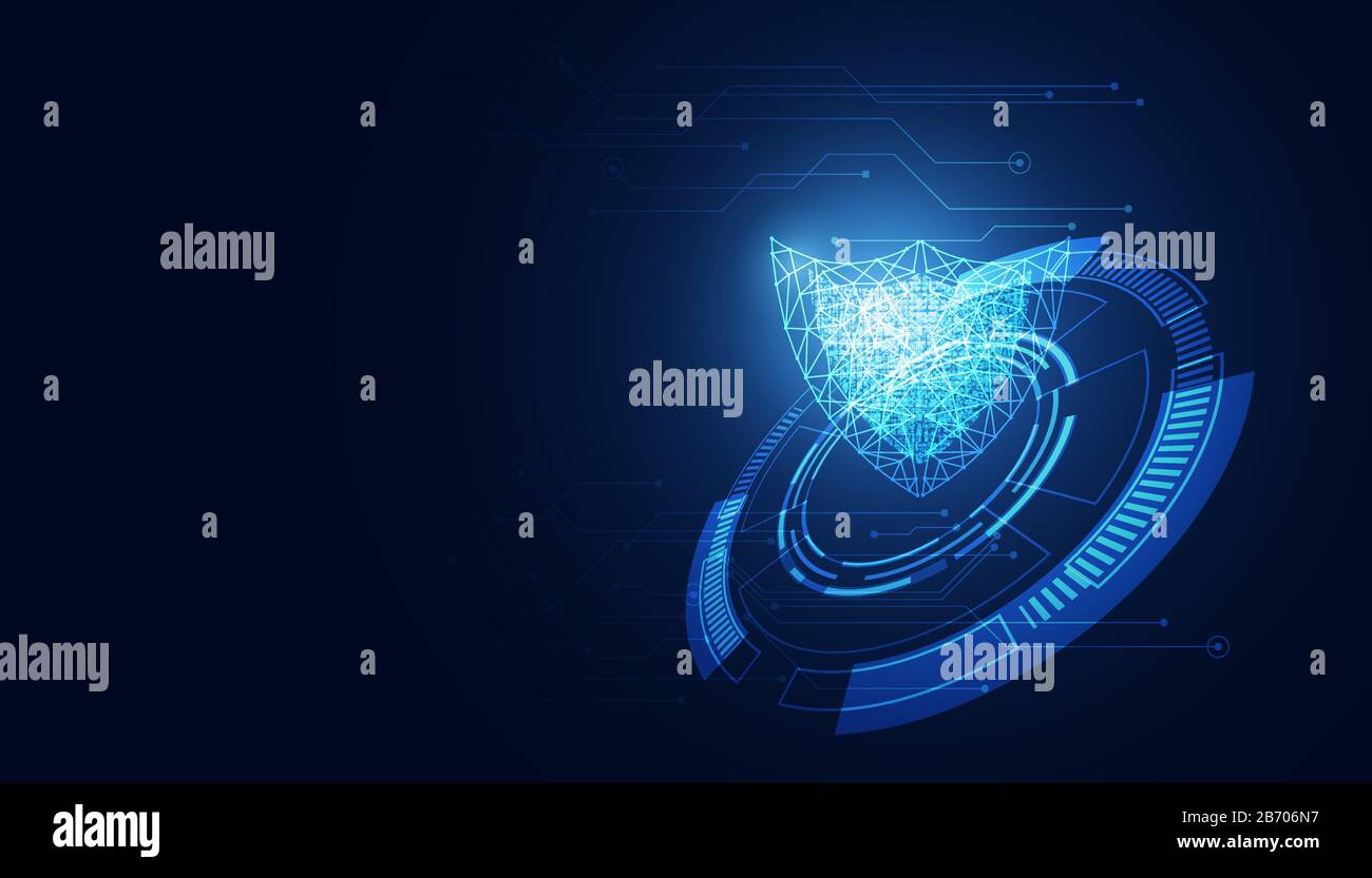 Astratta Cyber Security con scudo blu cerchio tecnologia Futuro cyber sfondo. Illustrazione Vettoriale
