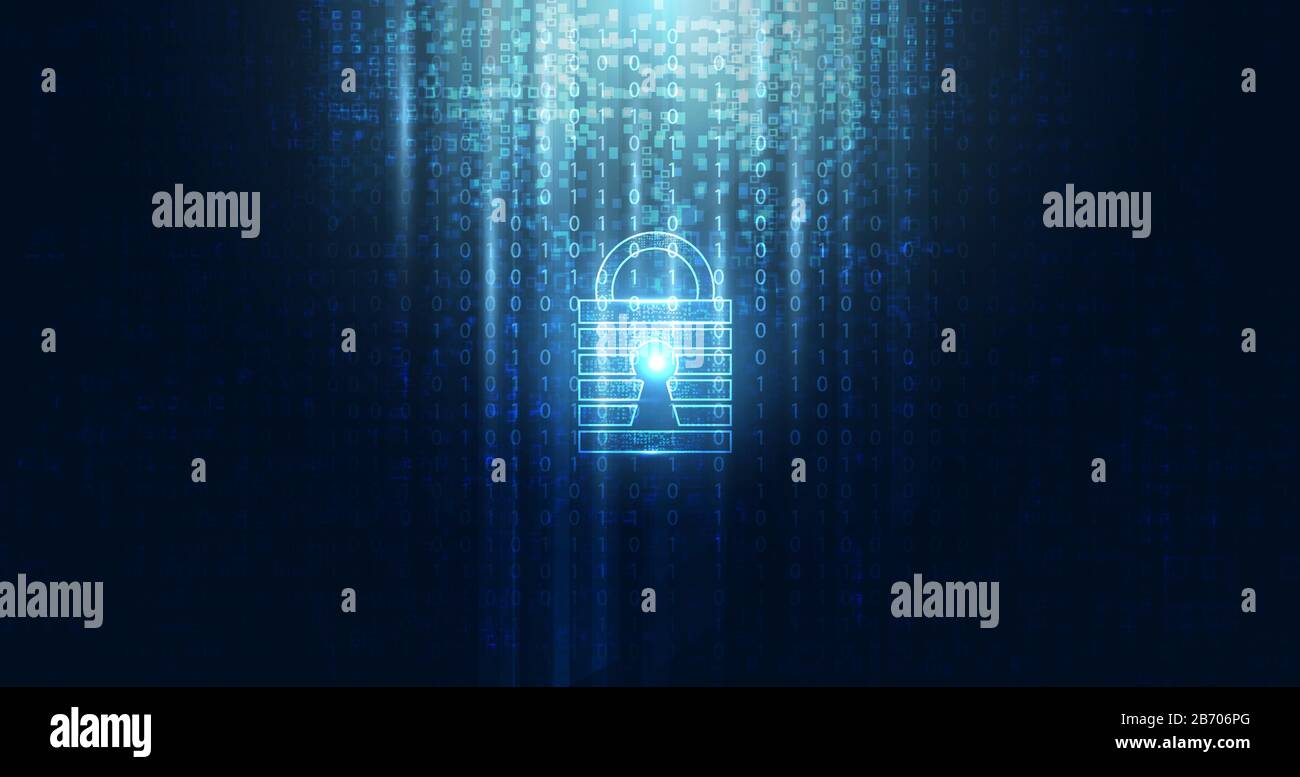 Astratta sicurezza informatica con lucchetto blu tecnologia binaria Futuro cyber background. Illustrazione Vettoriale