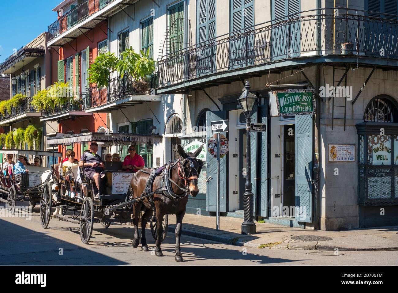 Stati Uniti, Louisiana, New Orleans French Quarter. Carrozza a cavalli e gli edifici su Bourbon St. Foto Stock