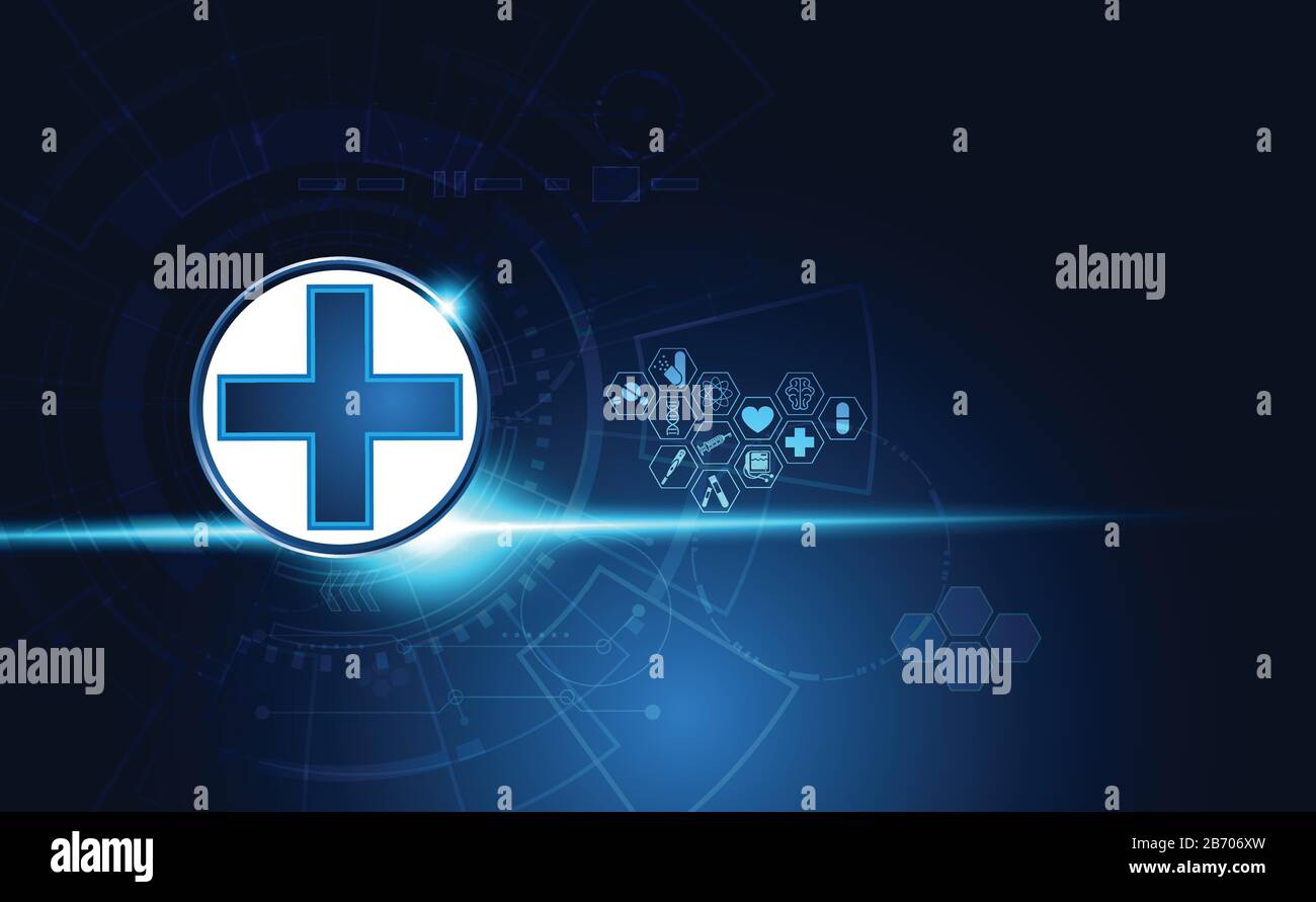 La scienza astratta della salute consiste in salute più tecnologia digitale concetto di moderna tecnologia medica, Trattamento, medicina su hi tech futuro sfondo blu Illustrazione Vettoriale