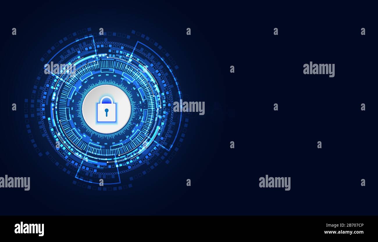 Immagine astratta blu con sfondo futuristico moderno blocco chiave personalizzato Correlato al concetto di prevenzione del furto di cyber difesa Cyber Security. Illustrazione Vettoriale