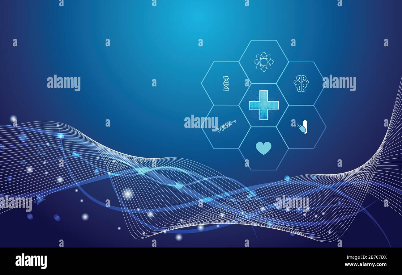 Salute astratta scienza medica sanitaria icona tecnologia digitale concetto di scienza innovazione moderna, Trattamento, medicina su hi tech futuro blue backgro Illustrazione Vettoriale
