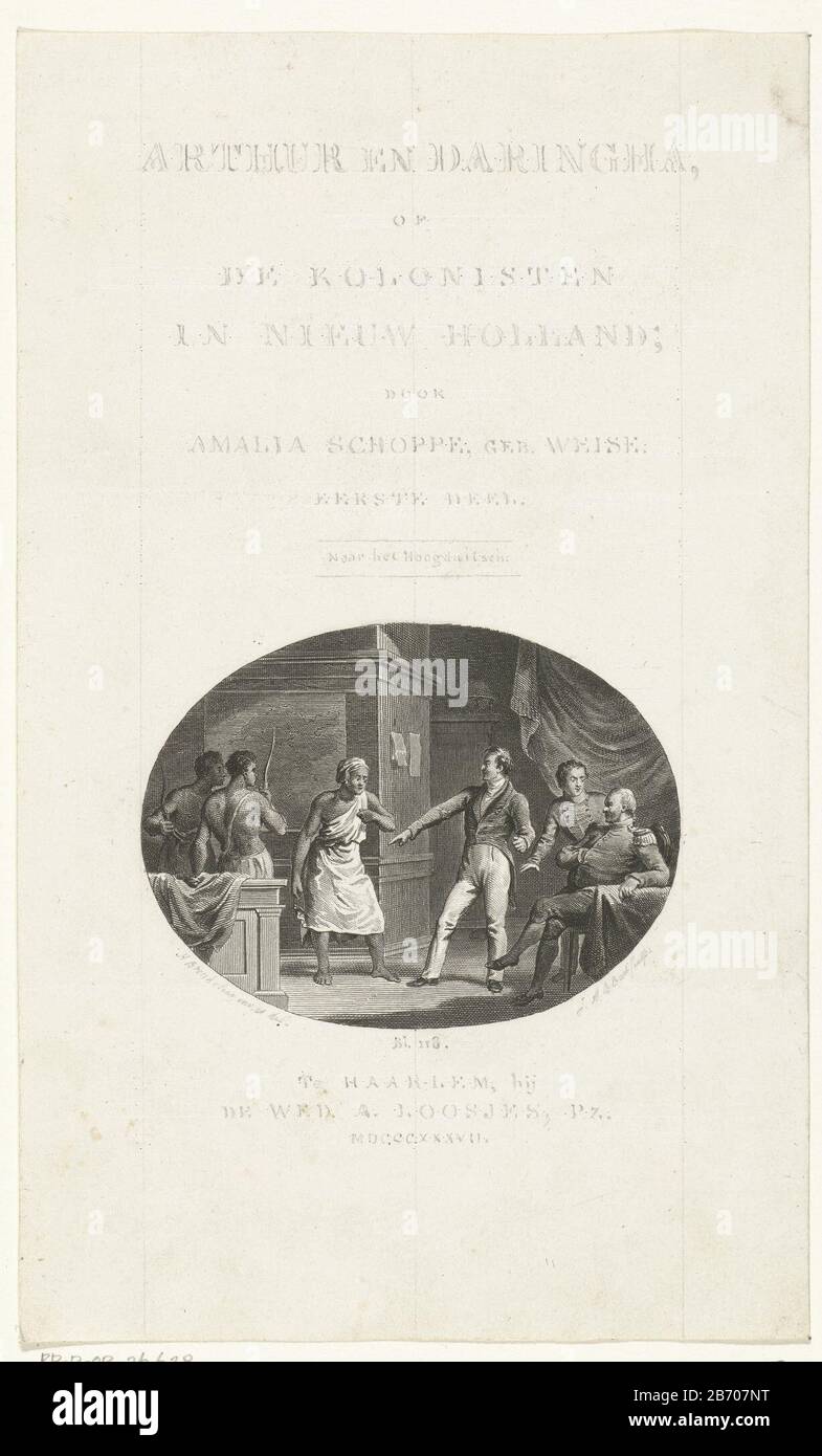 Coloni in conversazione con residenti dell'Australia Occidentale o New Holland e formattazione del testo per la pagina del titolo tipo di oggetto: Illustrazione del libro dell'immagine numero articolo: RP-P-OB-26.628Catalogusreferentie: Collezione Rijksmuseum 1 (2) Nota: Letteratura non menzionata, due stati nella collezione iscrizioni RMA / marchi: Marchio del collettore, centro inferiore inverso, stampato: Lugt 2228 Produttore : stampatore John Alexander Rudolf Best (proprietà in elenco) per disegnare: Henry Breukelaar (proprietà in elenco) Luogo fabbricazione: Amsterdam Data: 1807 - 1837 e / o 1837 Caratteristiche Fisiche: Incisione, prova aggiornata con penna Foto Stock