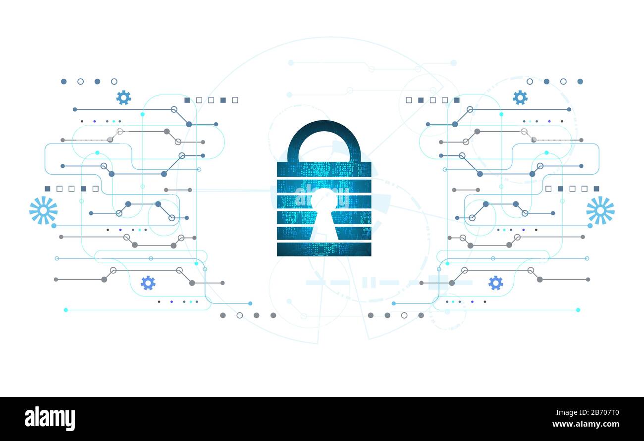 Astratta sicurezza informatica con lucchetto blu cerchio tecnologia Futuro cyber sfondo. Illustrazione Vettoriale